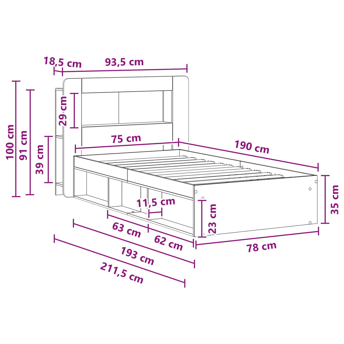 Okvir kreveta s pohranom Bijela 75 x 190 cm Konstruirano drvo