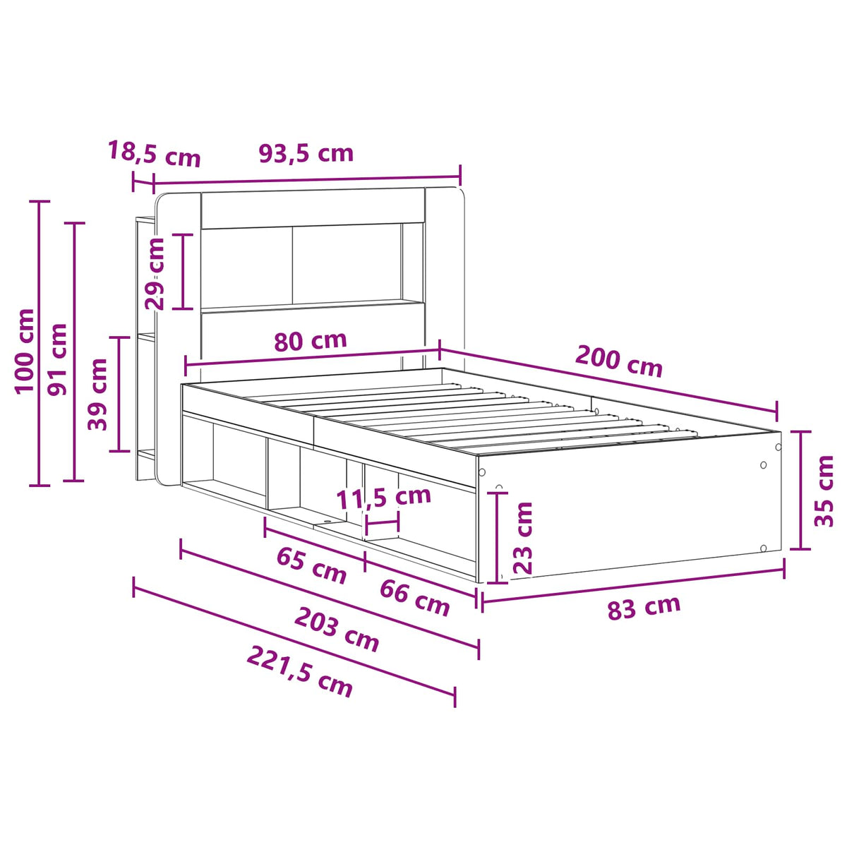 Okvir kreveta s pohranom s uzglavljem Siva Sonoma 80 x 200 cm