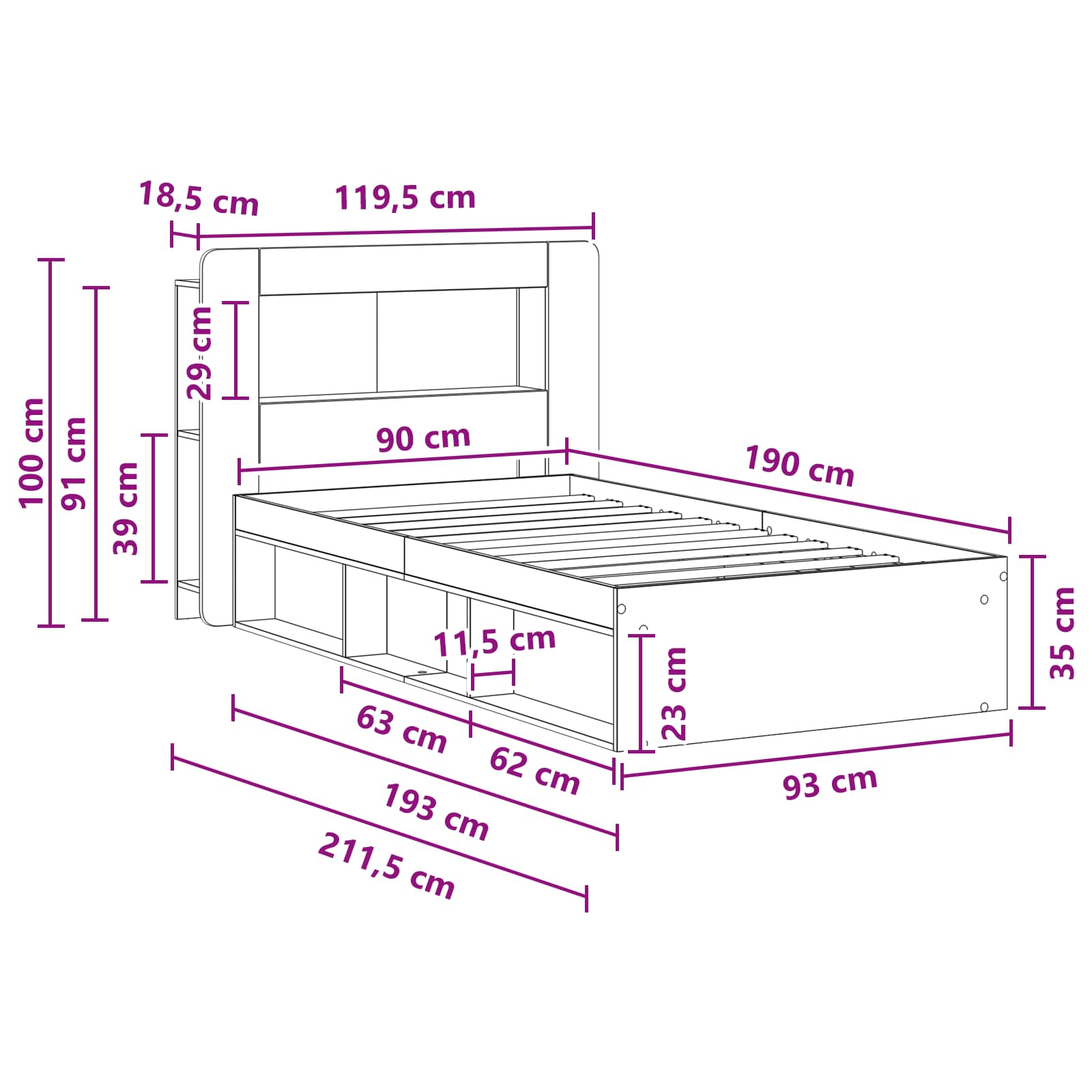 Okvir kreveta s pohranom Crna 90 x 190 cm Konstruirano drvo