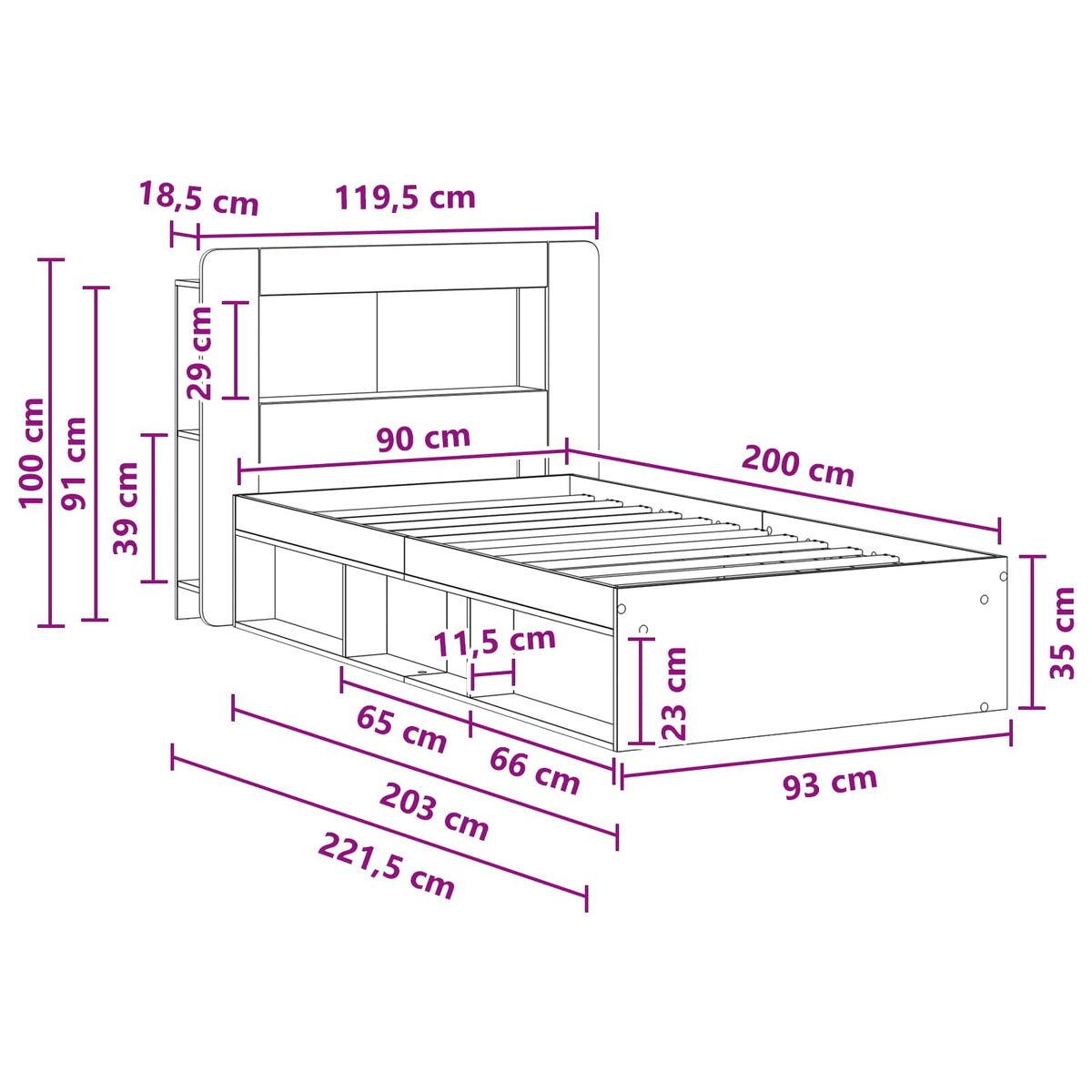 Okvir kreveta s pohranom s uzglavljem Staro drvo 90 x 200 cm