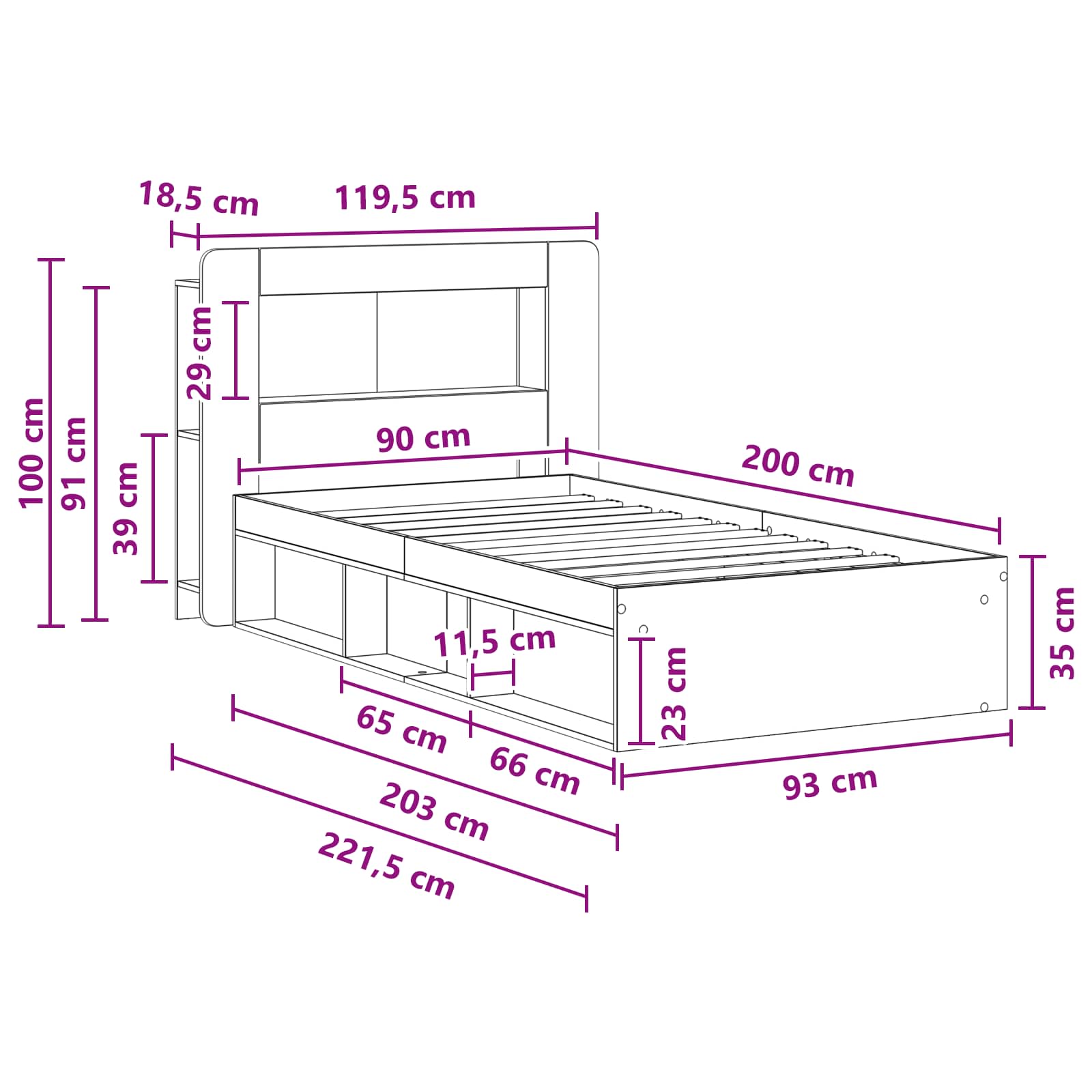 Okvir kreveta s pohranom Bijela 90 x 200 cm Konstruirano drvo