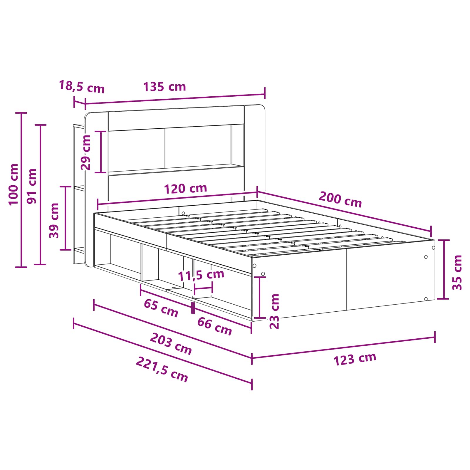 Okvir kreveta s pohranom s uzglavljem Staro drvo 120 x 200 cm
