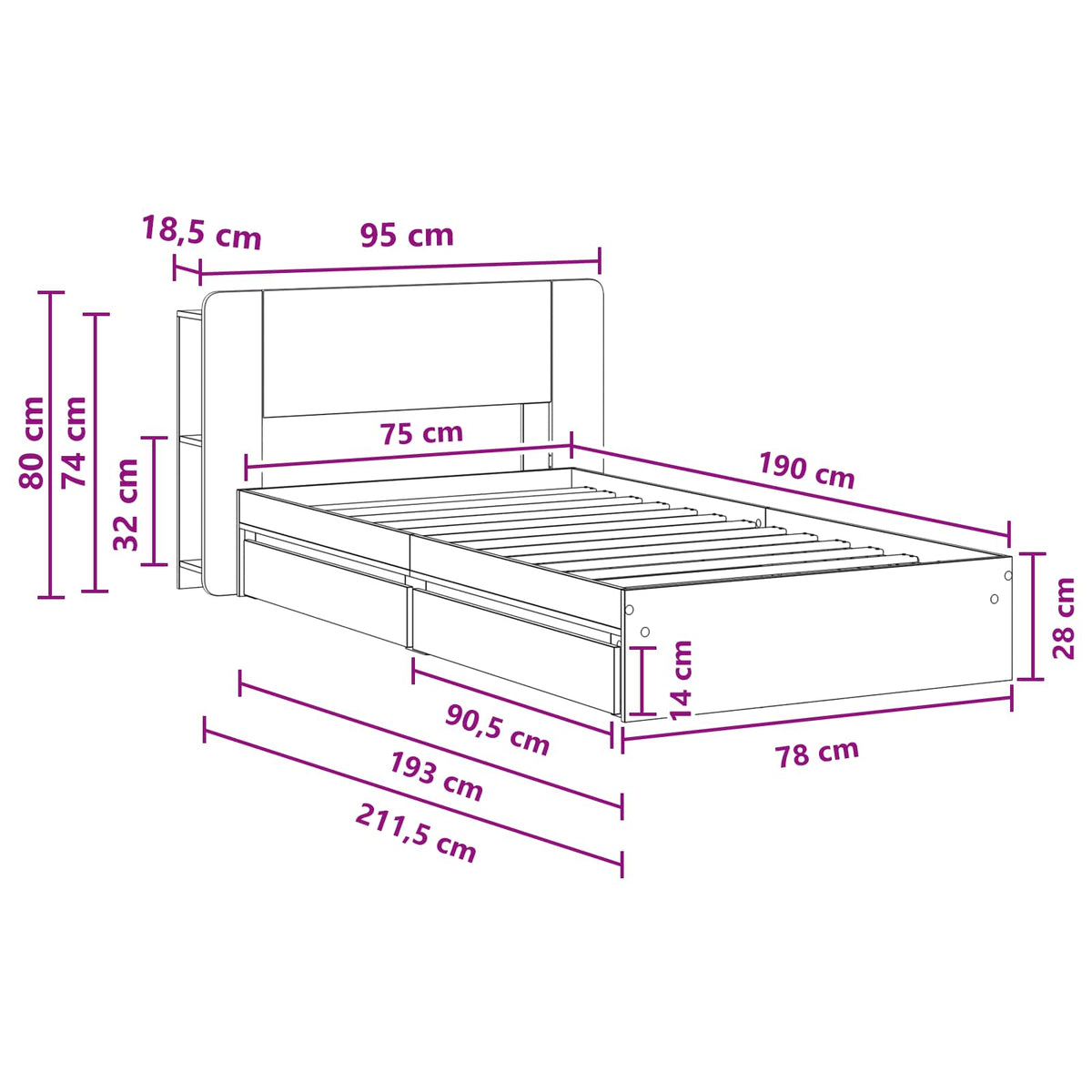 Okvir kreveta s pohranom s ladicama Siva Sonoma 75 x 190 cm