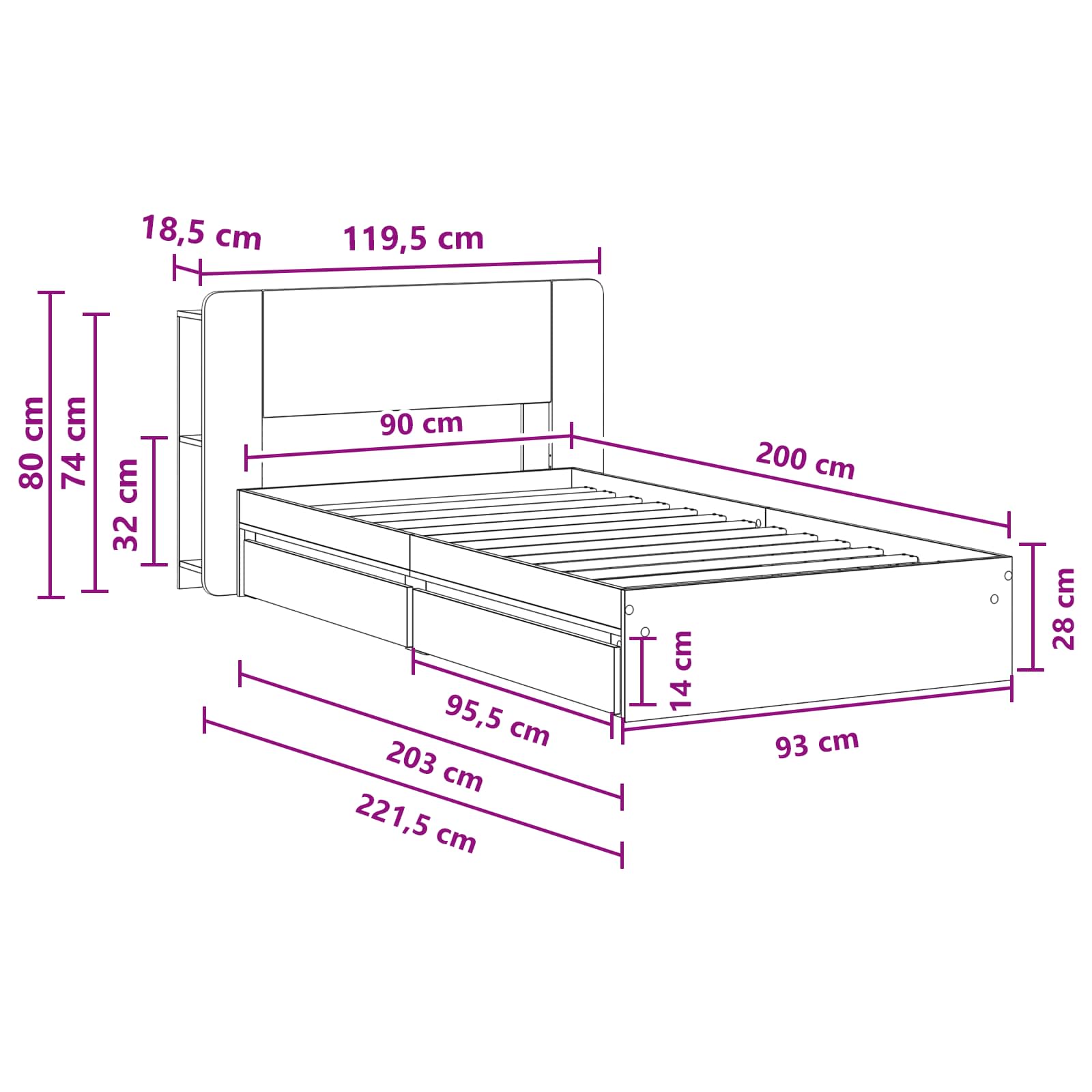 Okvir kreveta s pohranom s ladicama Dimljeni hrast 90 x 200 cm