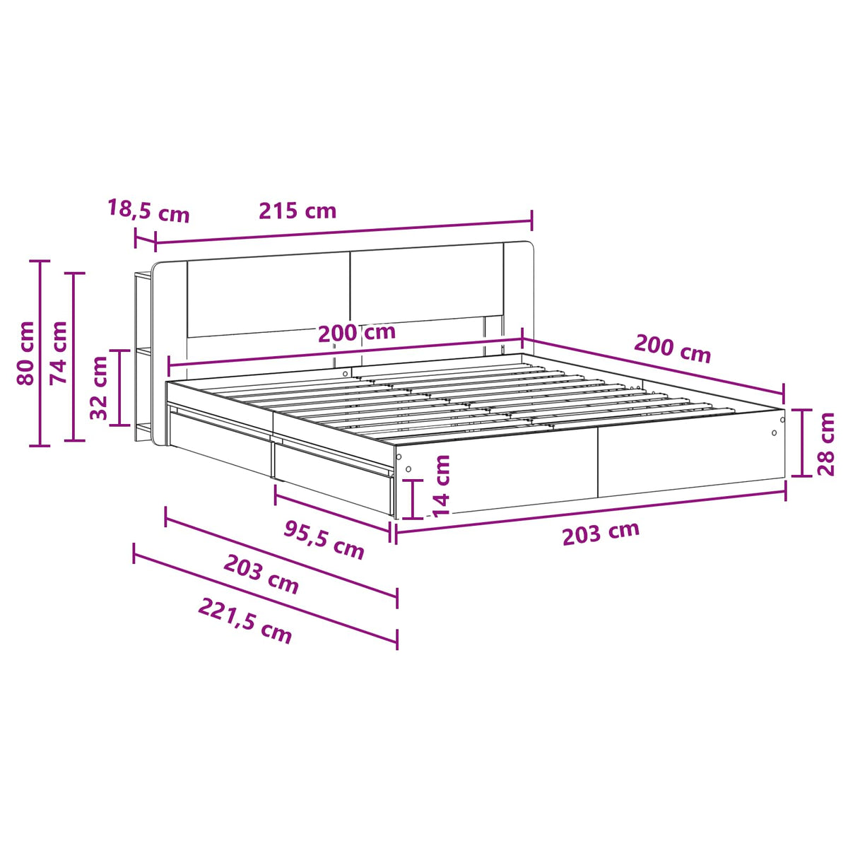 Okvir kreveta s pohranom Crna 200 x 200 cm Konstruirano drvo