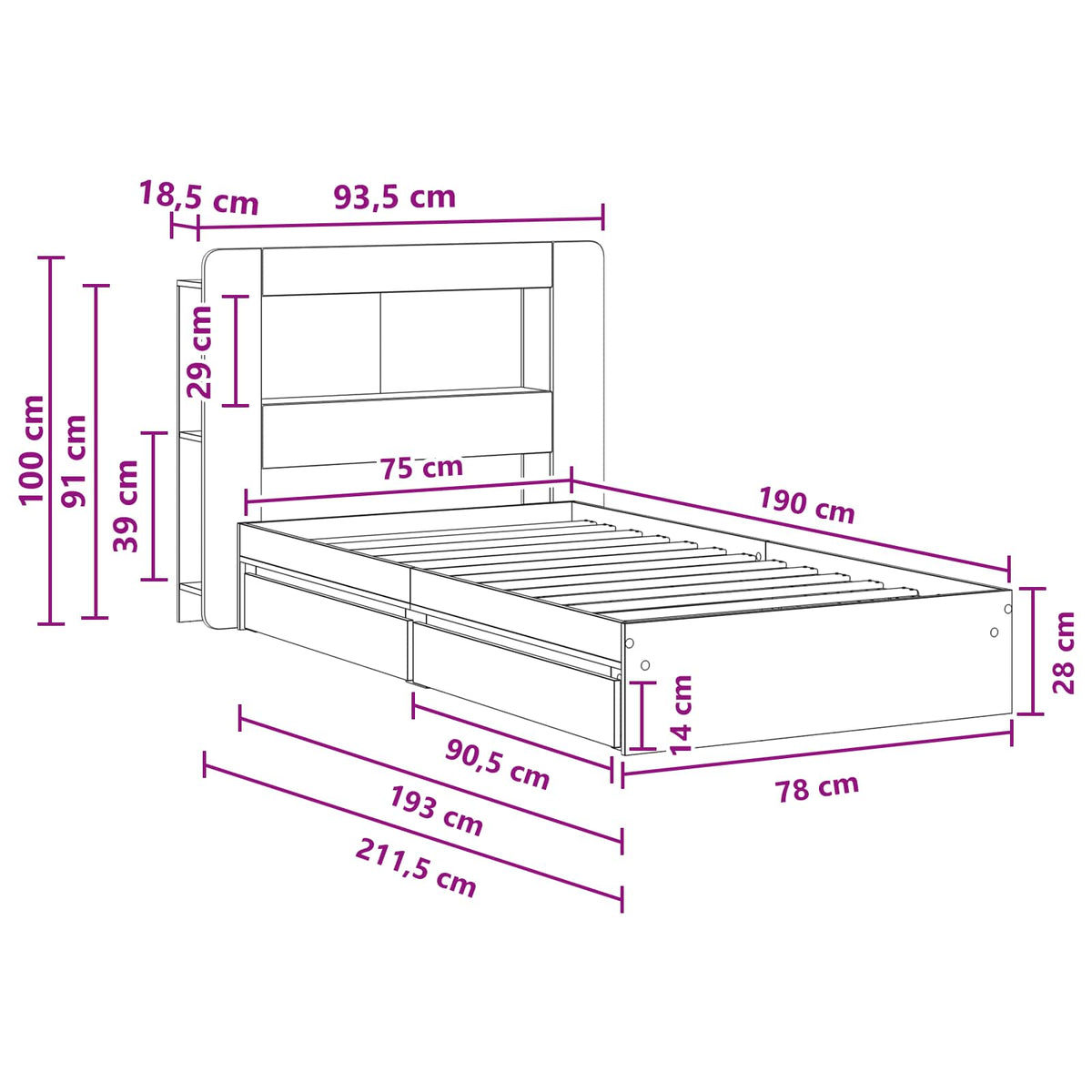Okvir kreveta s pohranom s ladicama Siva Sonoma 75 x 190 cm