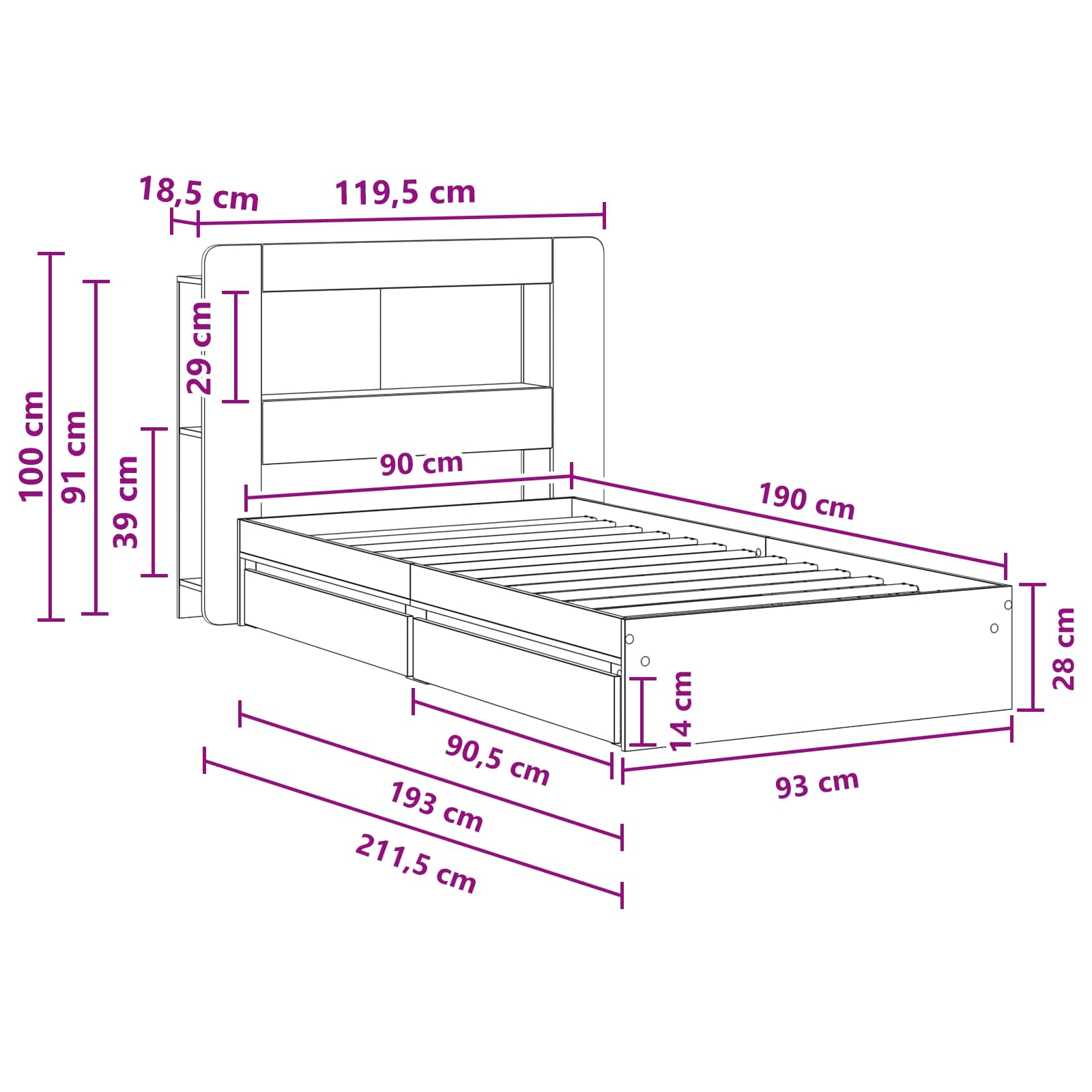 Okvir kreveta s pohranom s ladicama Hrast sonoma 90 x 190 cm