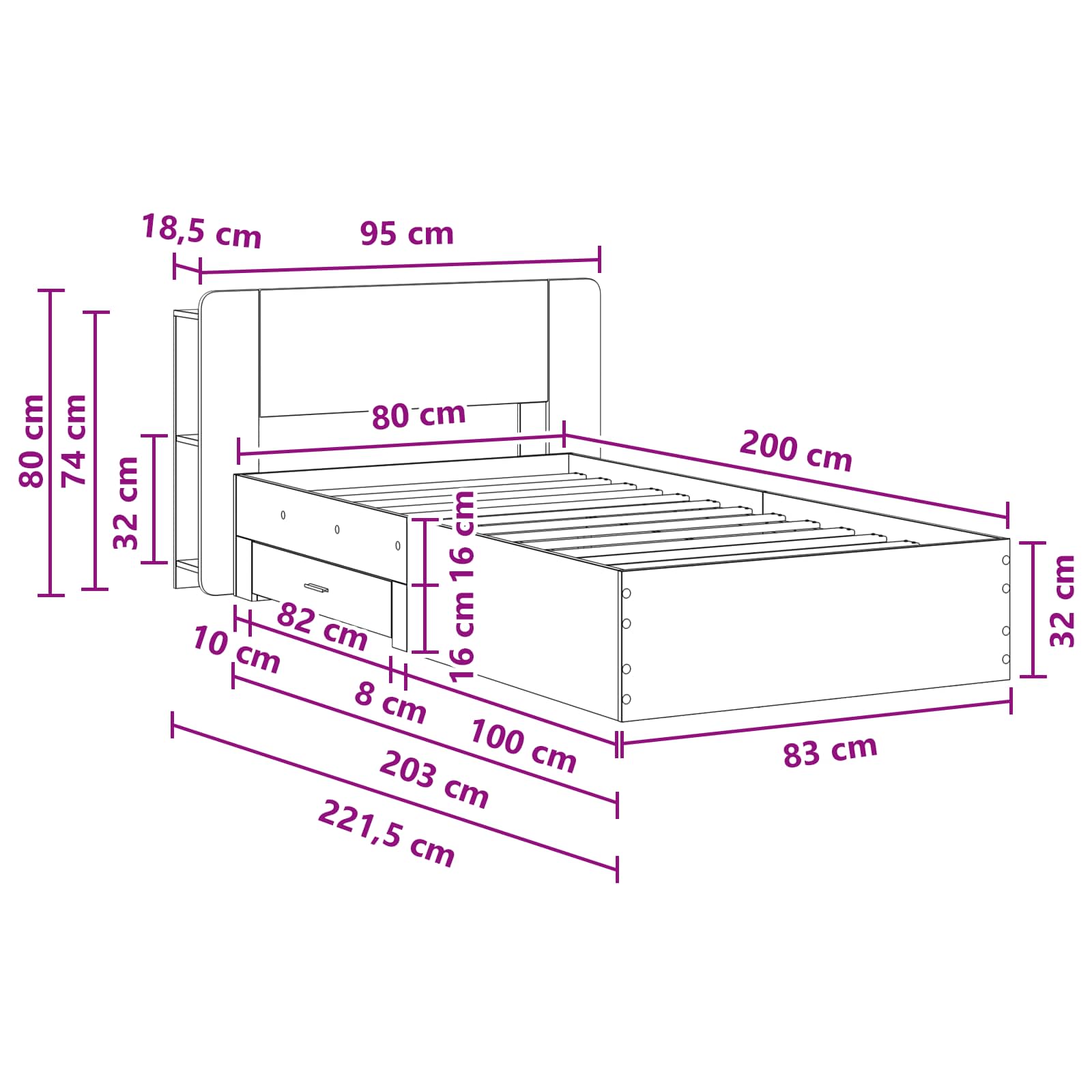Okvir kreveta s pohranom Bijela 80 x 200 cm Konstruirano drvo