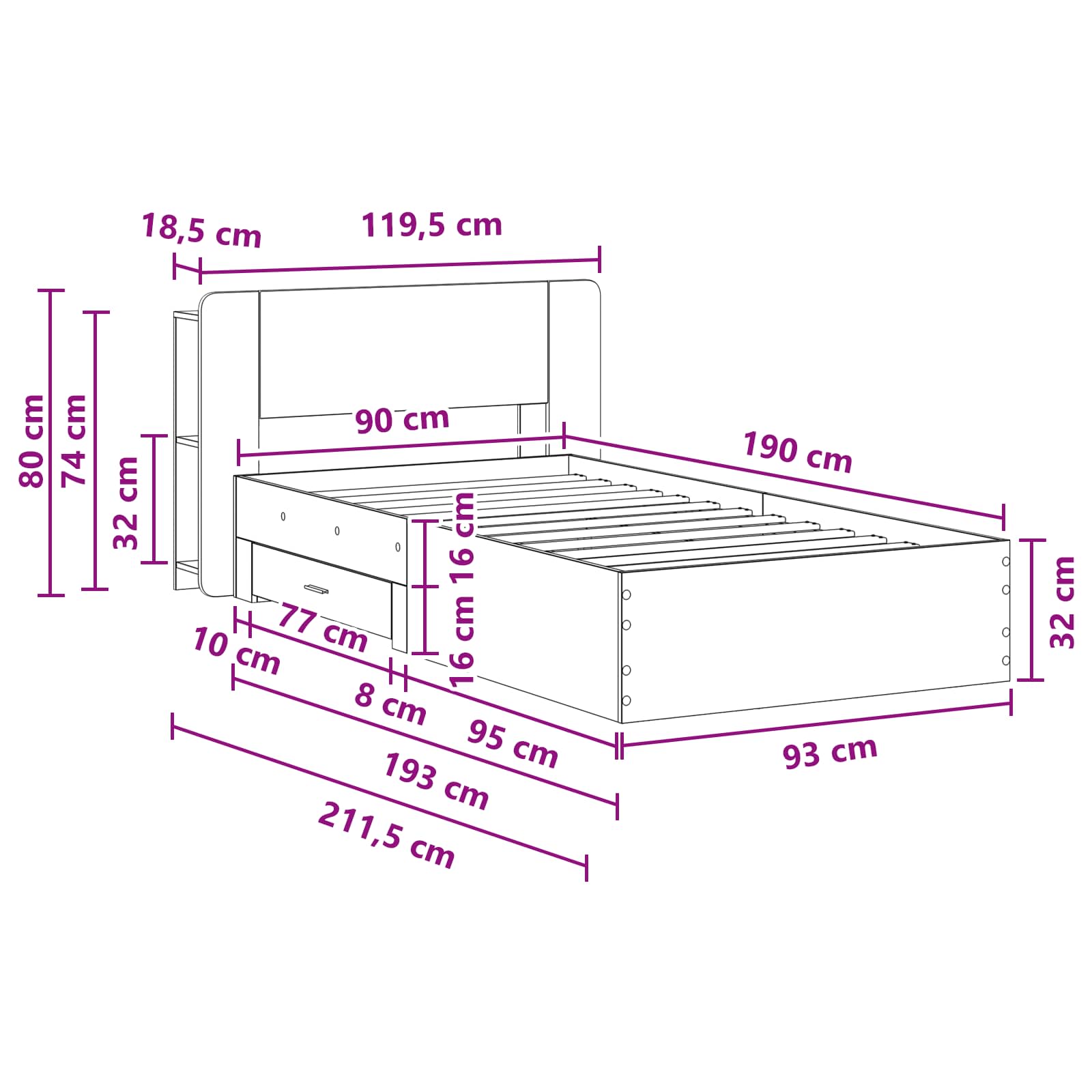 Okvir kreveta s pohranom s uzglavljem Staro drvo 90 x 190 cm