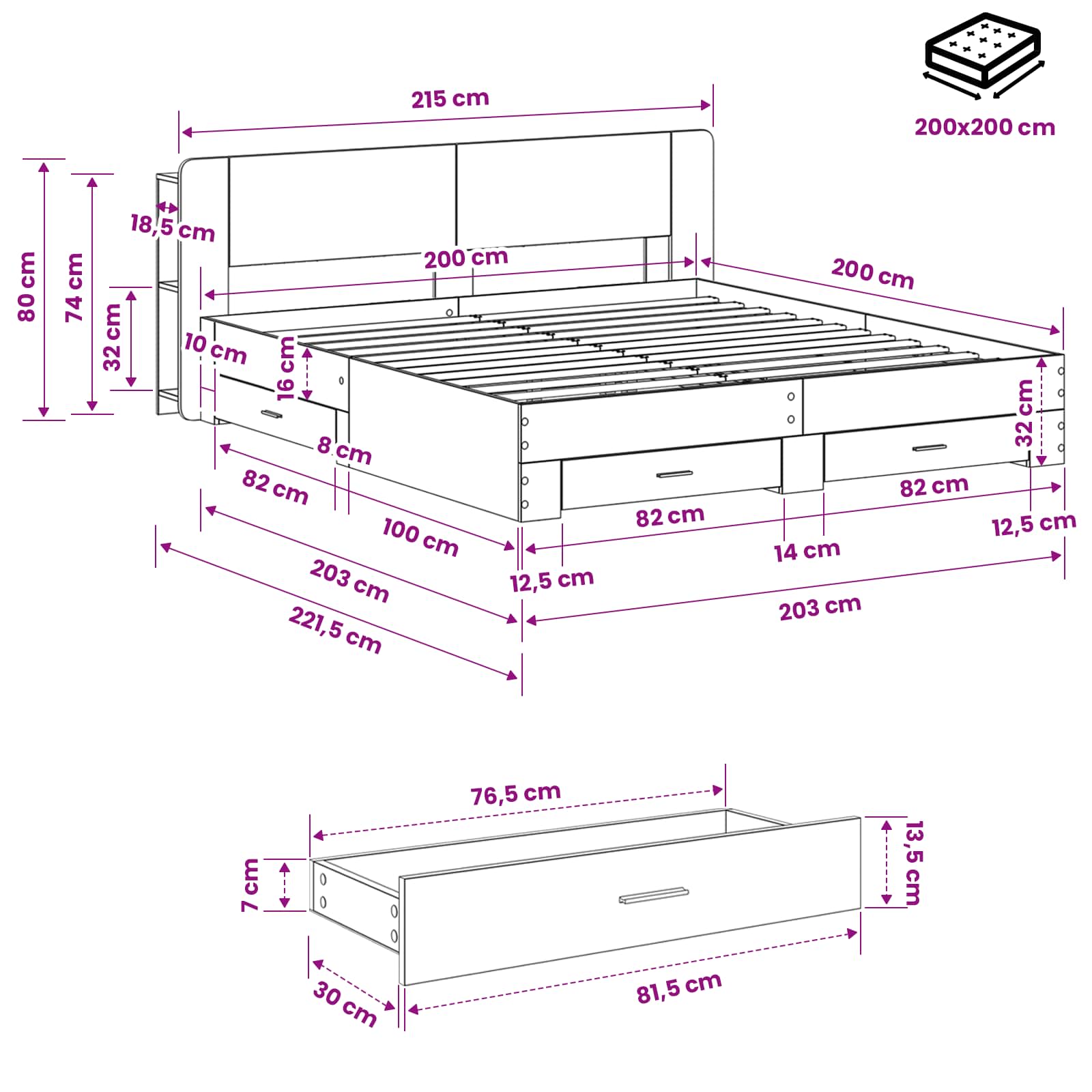 Okvir kreveta s pohranom Betonska siva 200 x 200 cm