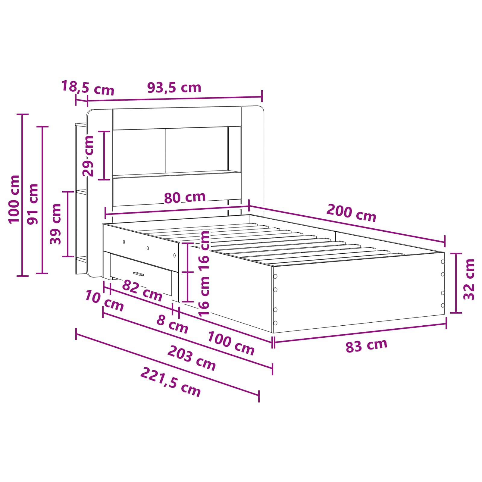 Okvir kreveta s pohranom s uzglavljem Staro drvo 80 x 200 cm