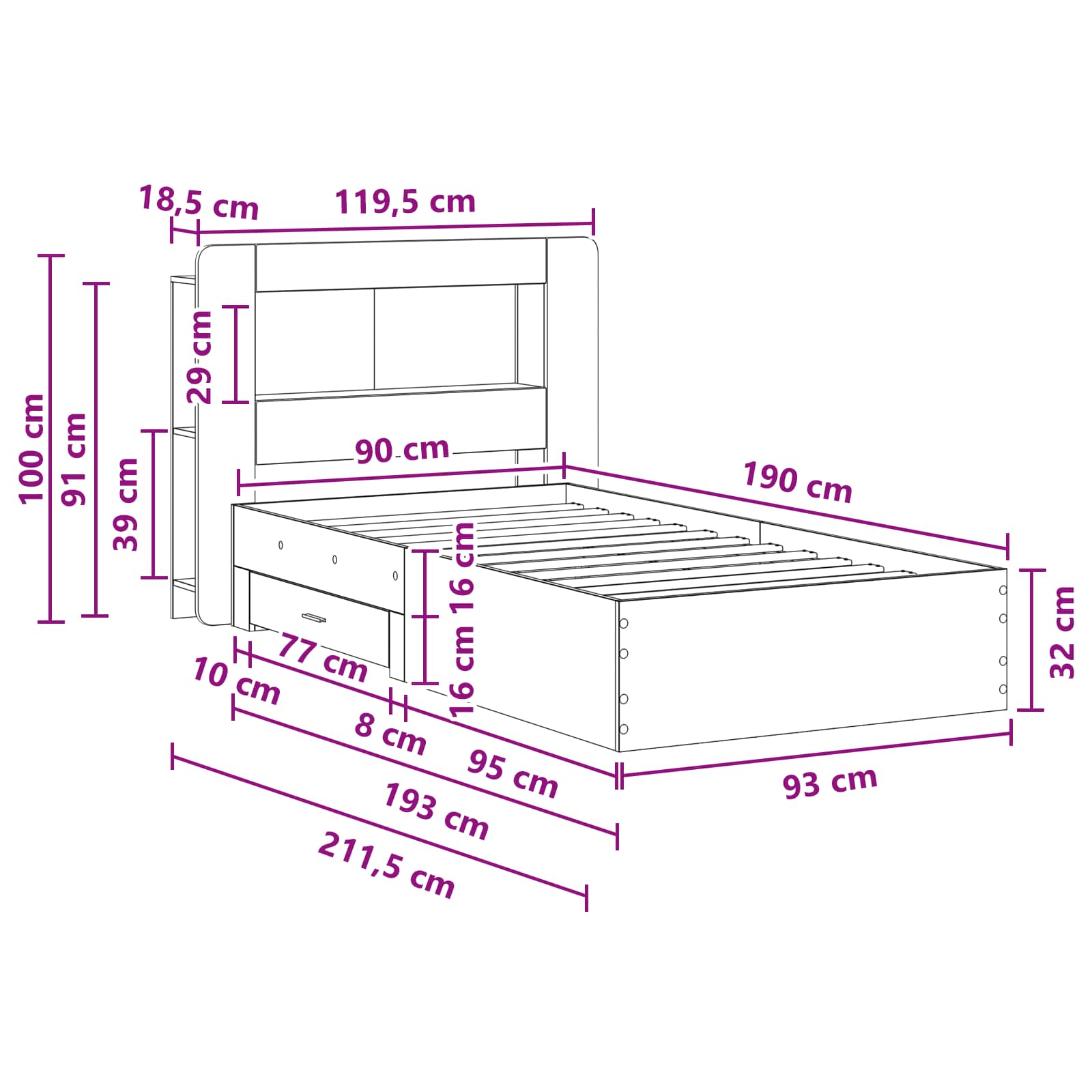 Okvir kreveta s pohranom s uzglavljem Staro drvo 90 x 190 cm