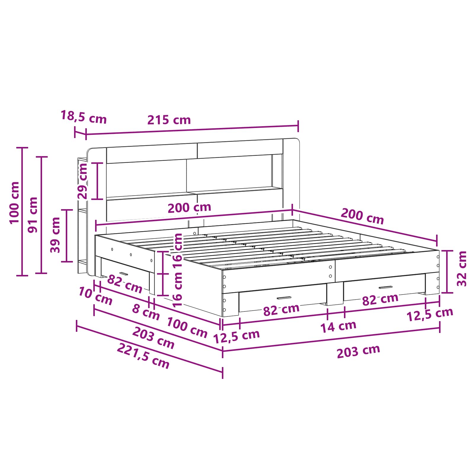 Okvir kreveta s pohranom s uzglavljem Siva Sonoma 200 x 200 cm