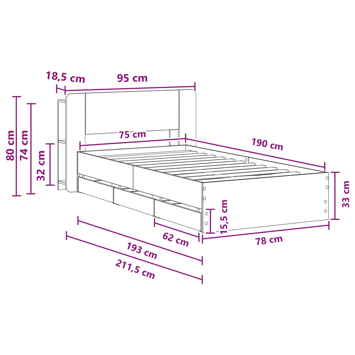 Okvir kreveta s pohranom s ladicama Betonska siva 75 x 190 cm
