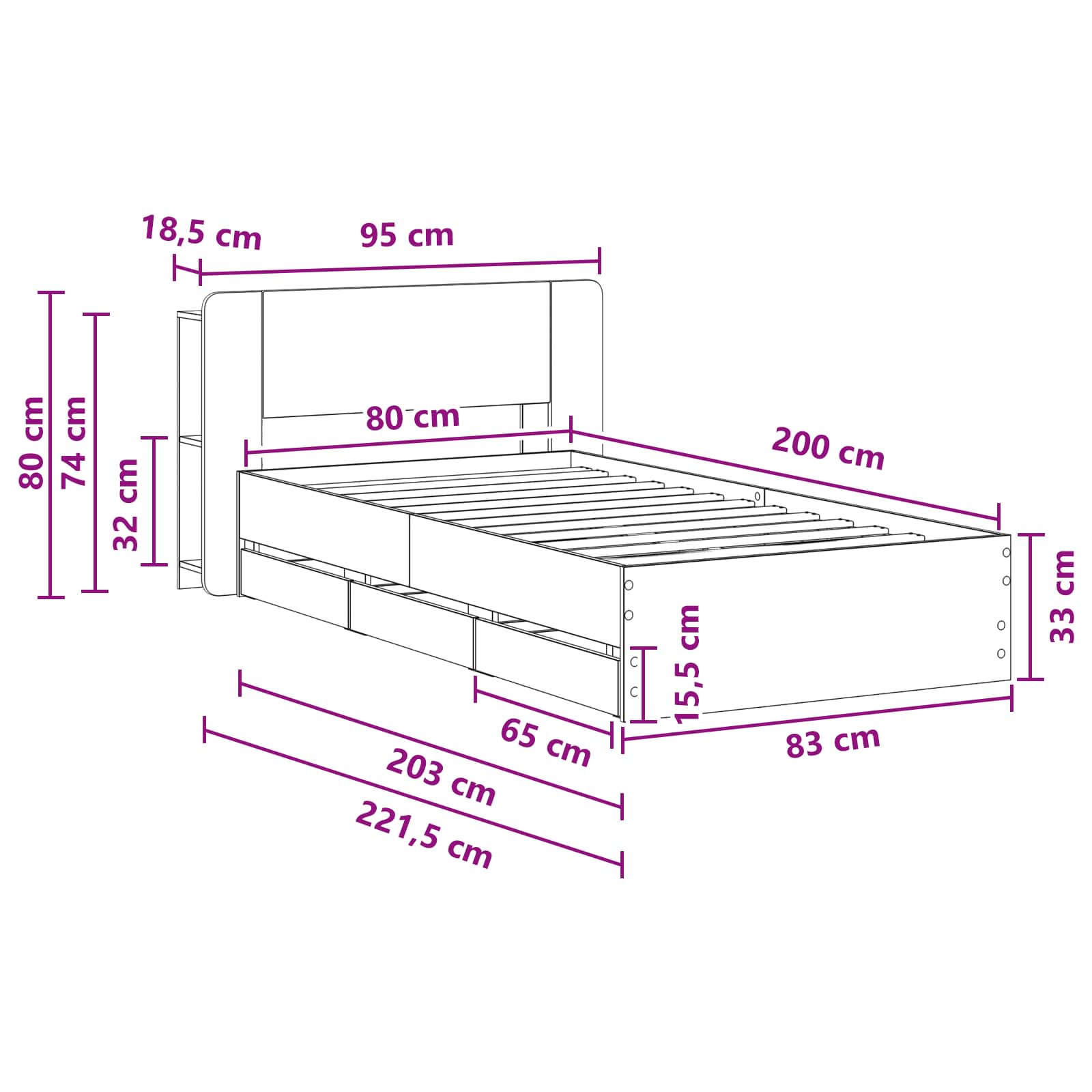 Okvir kreveta s pohranom s uzglavljem Staro drvo 80 x 200 cm