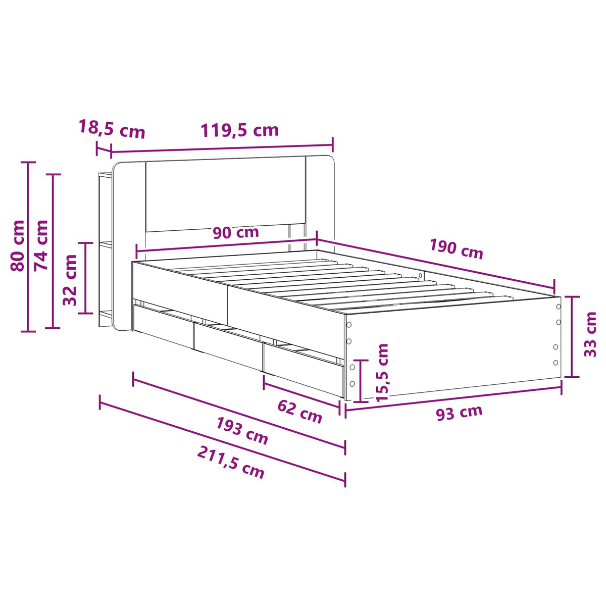 Okvir kreveta s pohranom s ladicama Betonska siva 90 x 190 cm
