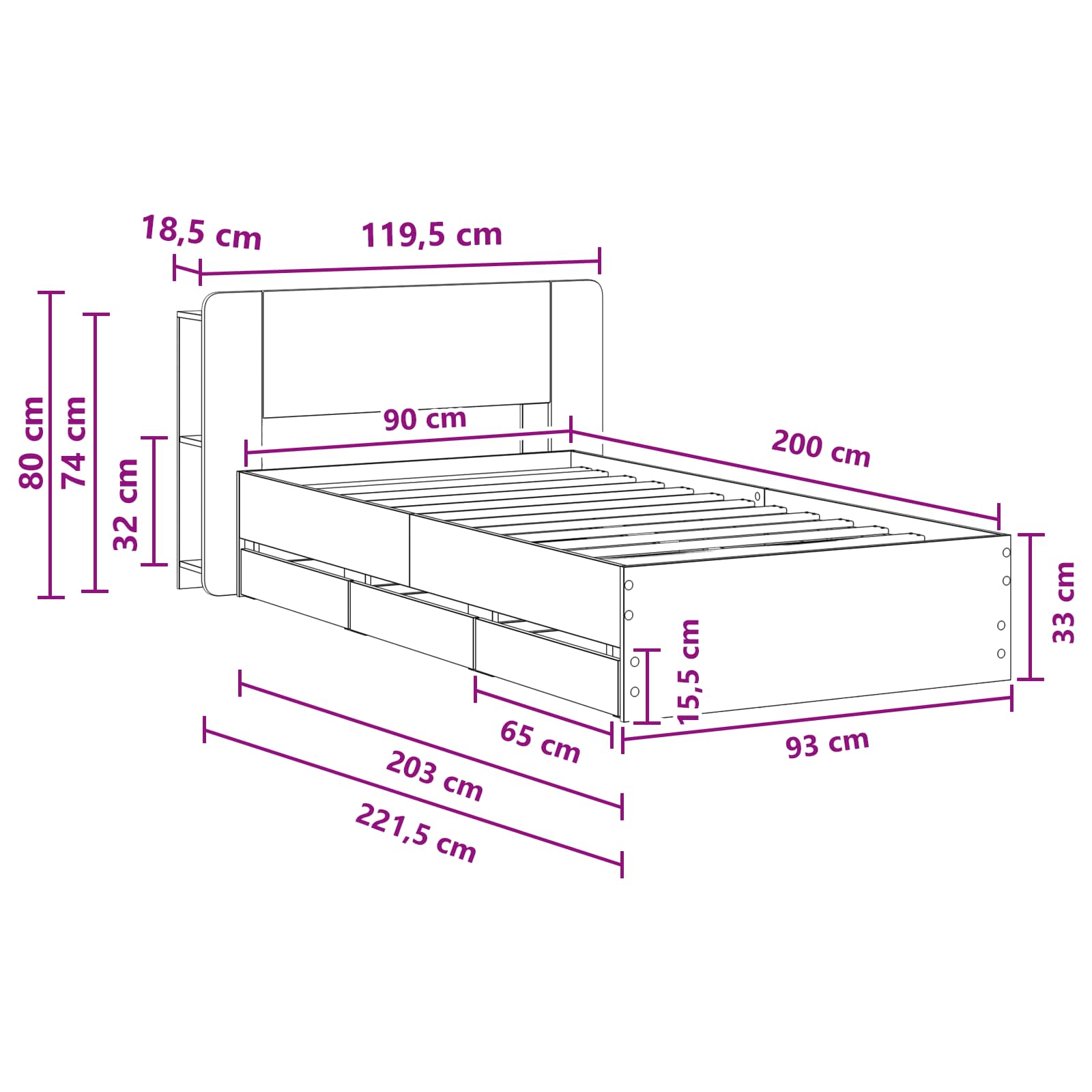 Okvir kreveta s pohranom Dimljeni hrast 90 x 200 cm