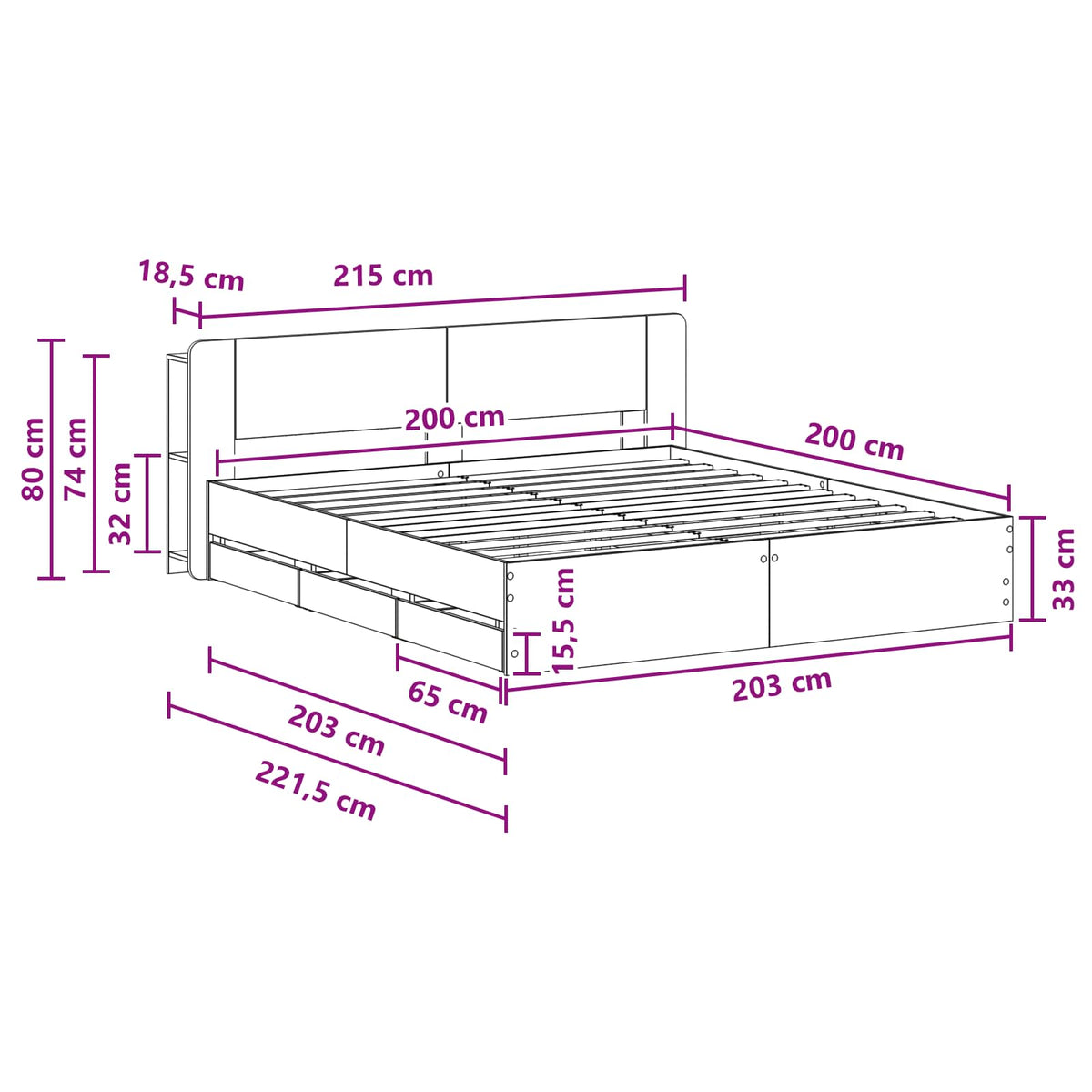 Okvir kreveta s pohranom Crna 200 x 200 cm Konstruirano drvo
