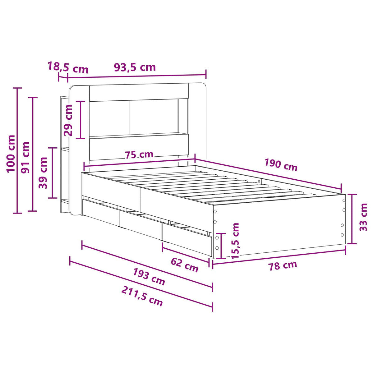 Okvir kreveta s pohranom s ladicama Betonska siva 75 x 190 cm