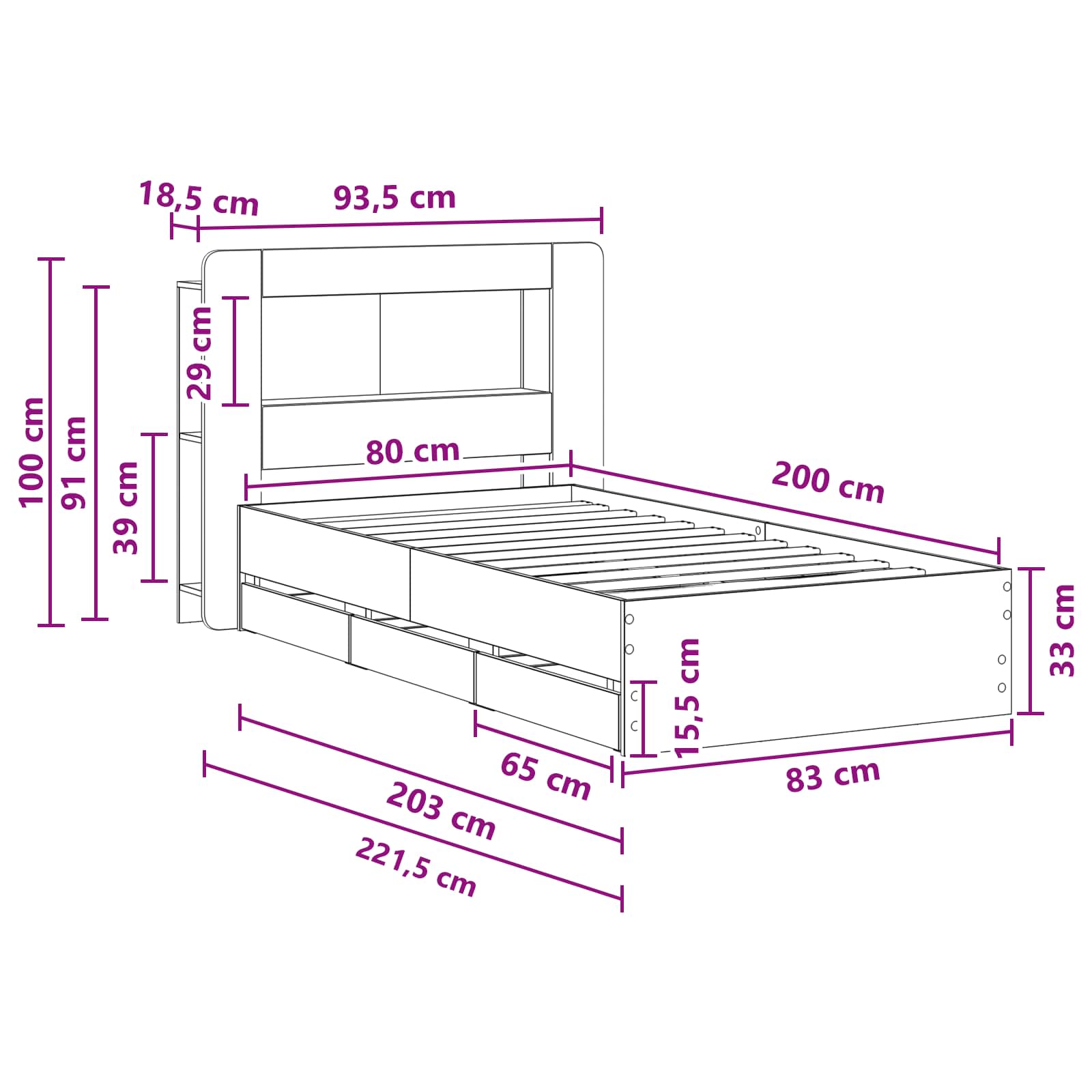 Okvir kreveta s pohranom s uzglavljem Staro drvo 80 x 200 cm