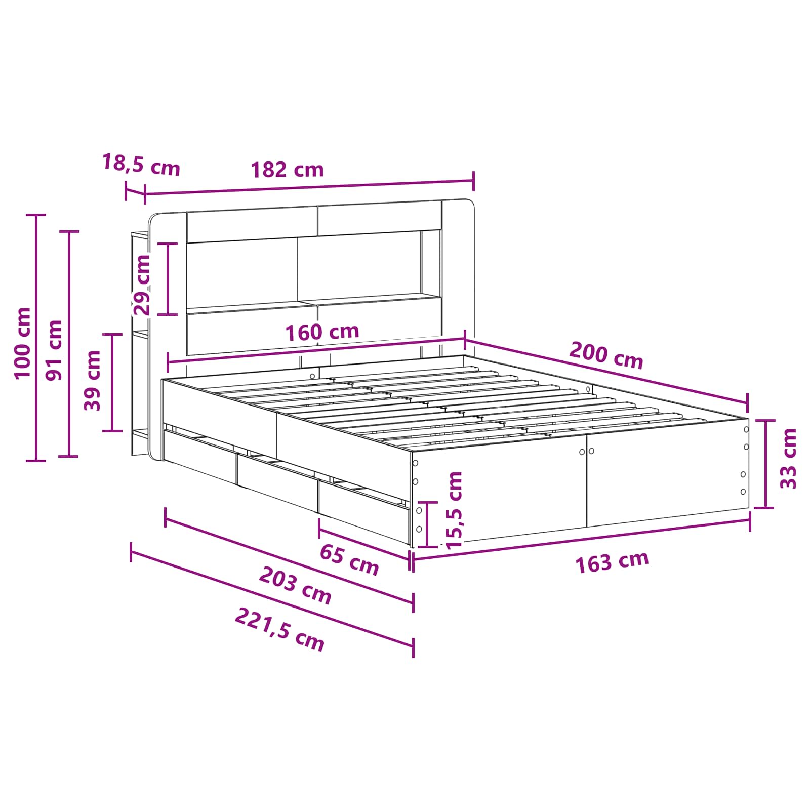 Okvir kreveta s pohranom Crna 160 x 200 cm Konstruirano drvo
