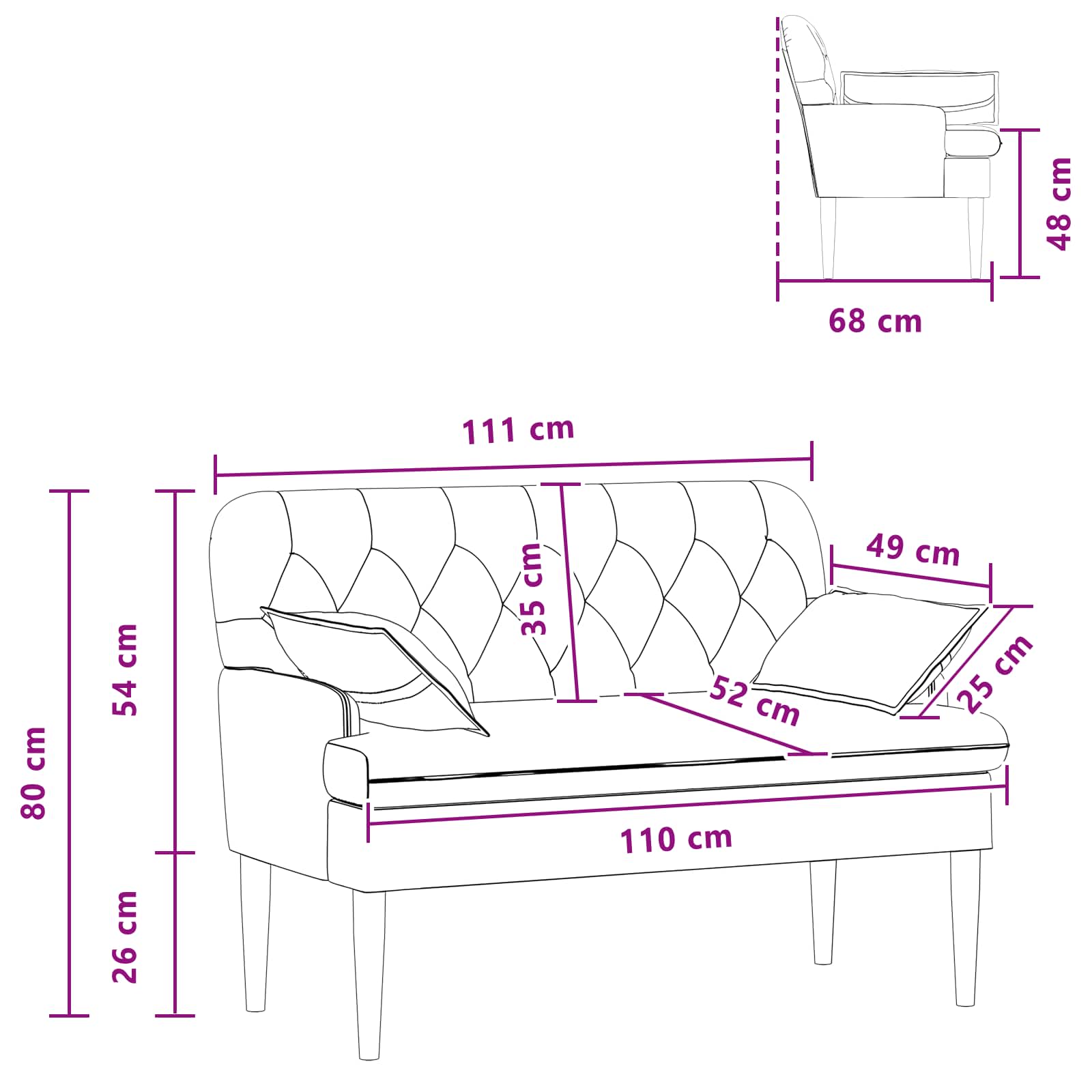 Ljubavni kauč s gumbima Crna 111 x 68 x 80 cm Tkanina