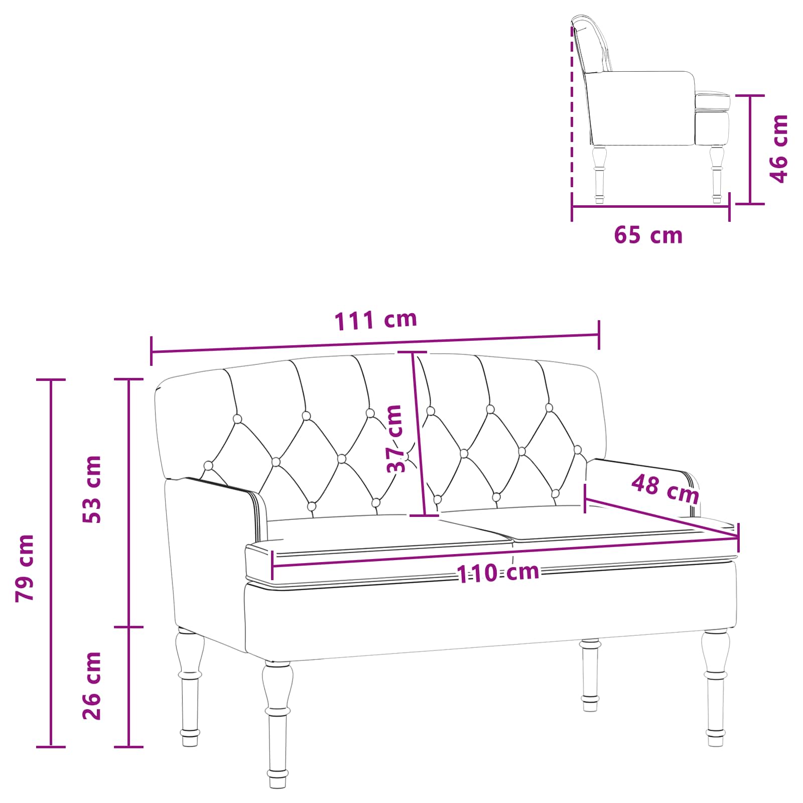 Ljubavni kauč s gumbima Crna 111 x 65 x 79 cm Baršun
