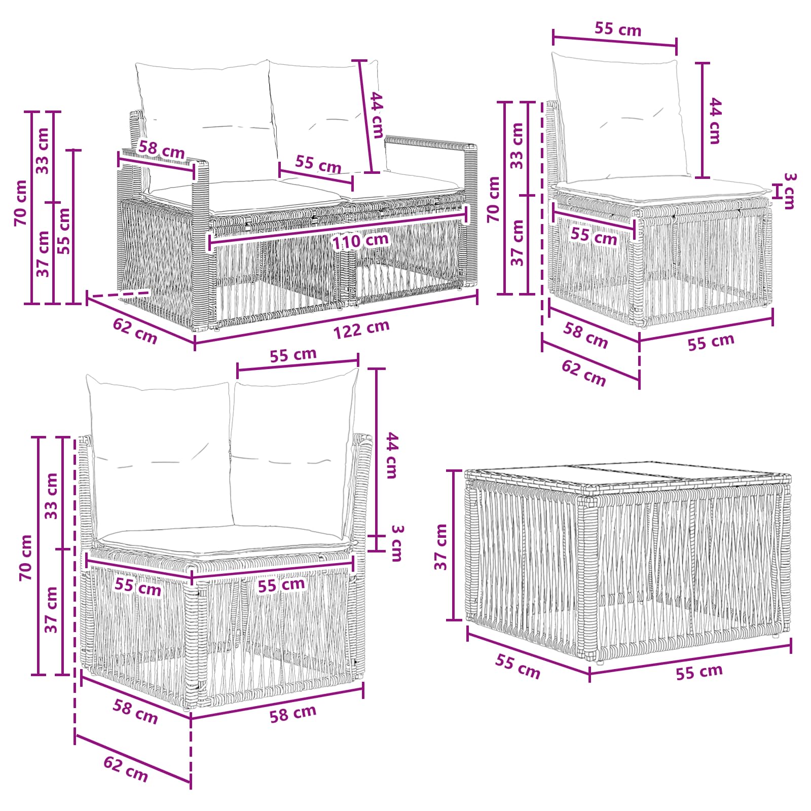 Sjedeća garnitura za vrt 14 pcs Crna poliratan