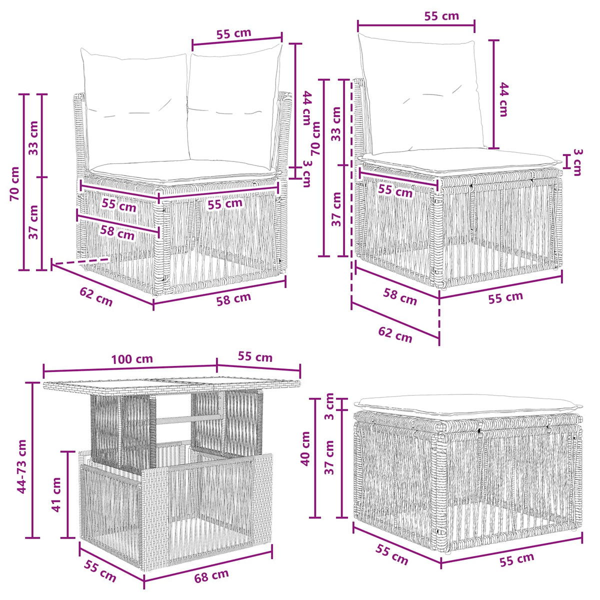 Sjedeća garnitura za vrt 11 kom. Crna poliratan 100 x 55 x 73 cm