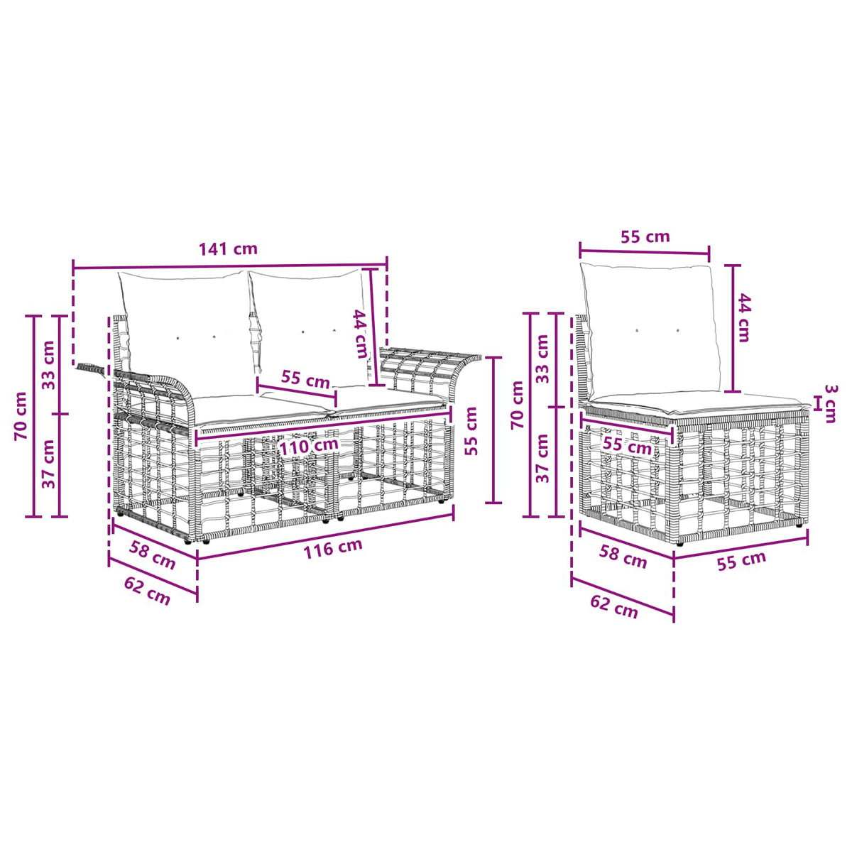 Set vanjskih sofa 3 pcs Crna i tamno siva Poliester