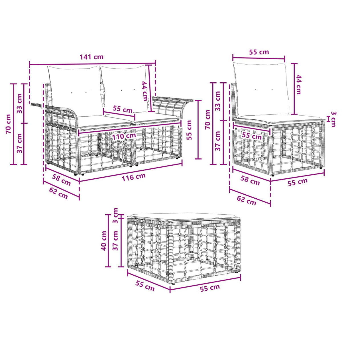 Set vanjskih sofa 4 pcs Crna i tamno siva Poliester