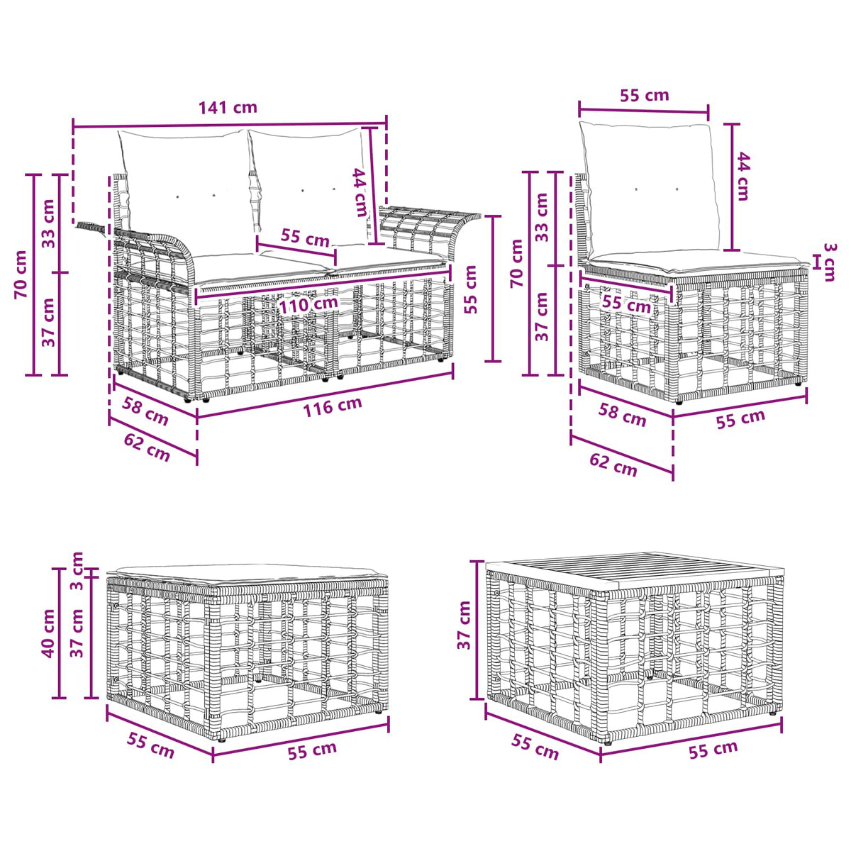 Set vanjskih sofa 6 kom. Prirodna i krema bijela Poliester