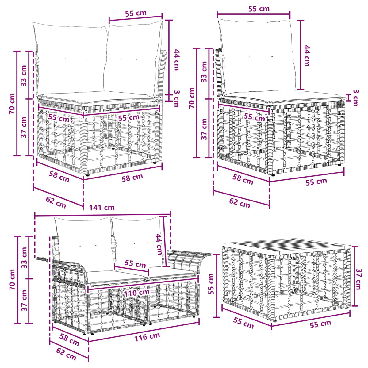 Set vanjskih sofa 7 pcs Crna i tamno siva Poliester