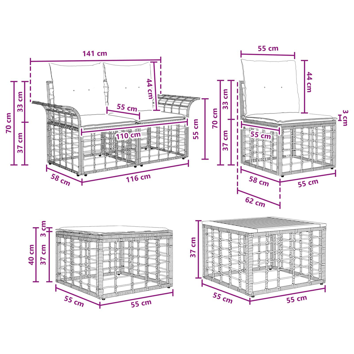 Set vanjskih sofa 10 kom. Crna i tamno siva Poliester