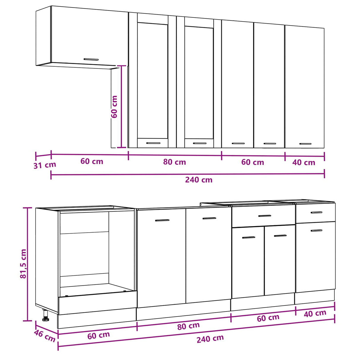Kuhinjska jedinica LYON 8 pcs Crni hrast Konstruirano drvo