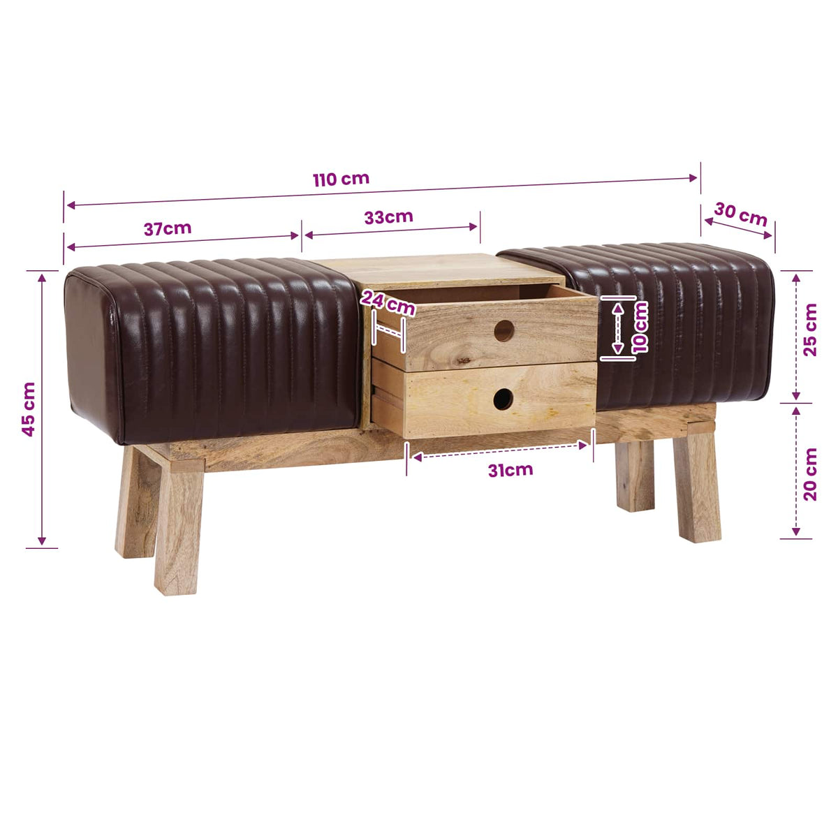 klupa 110 x 30 x 45 cm Prava koža Tamno smeđa