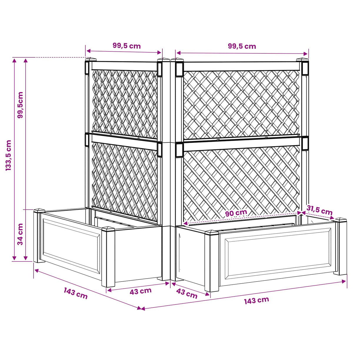 Velika s osvrtom 2 pcs Siva 143 x 143 x 133,5 cm PP