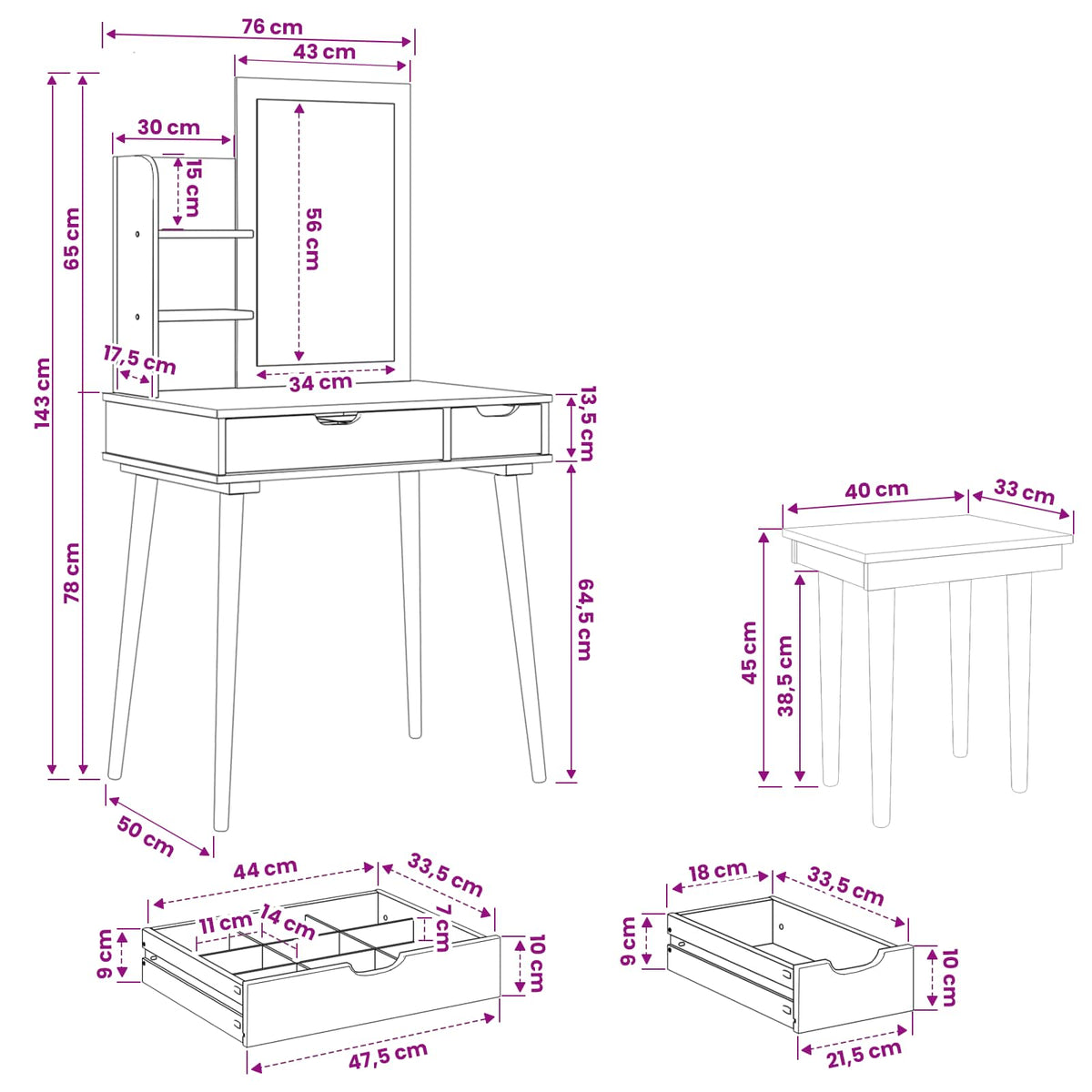Set toaletnog stolića FAUSKE 4 kom. Bijela 76 x 50 x 143 cm