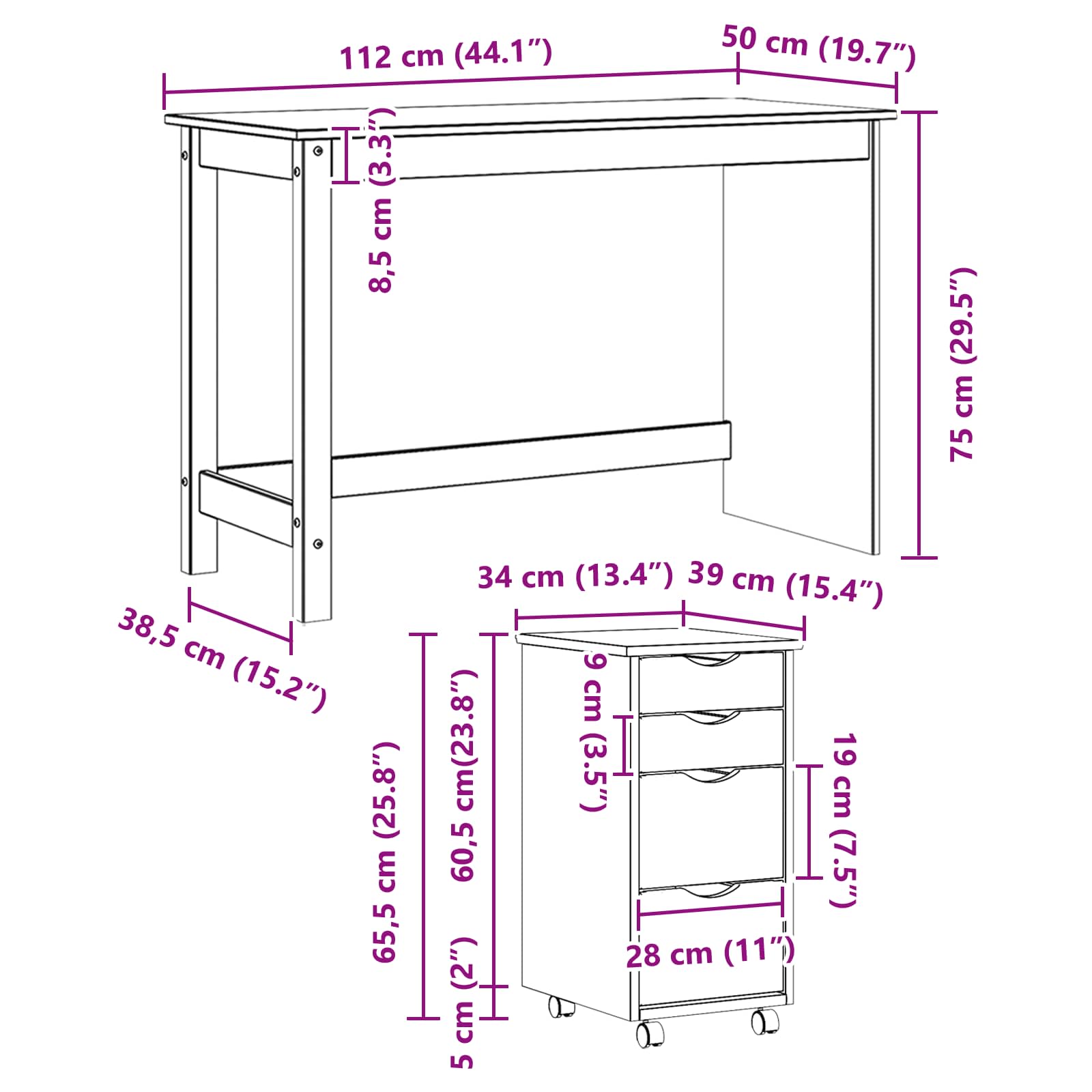 Set stola i pokretnog ormara MOSS 2 pcs Medeno Smeđa