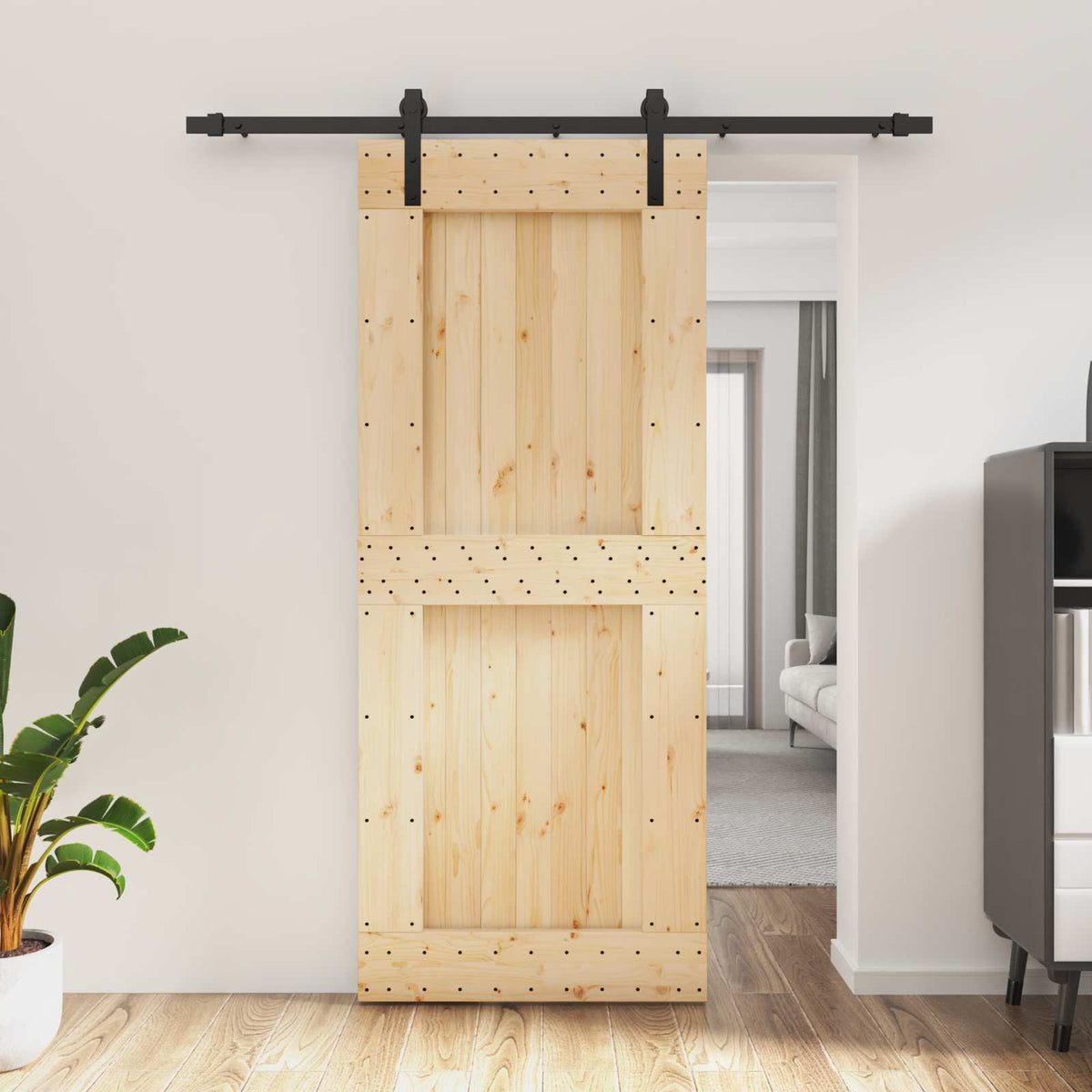Klizna vrata Prirodna i crna 85 x 210 cm Čvrsta borovina