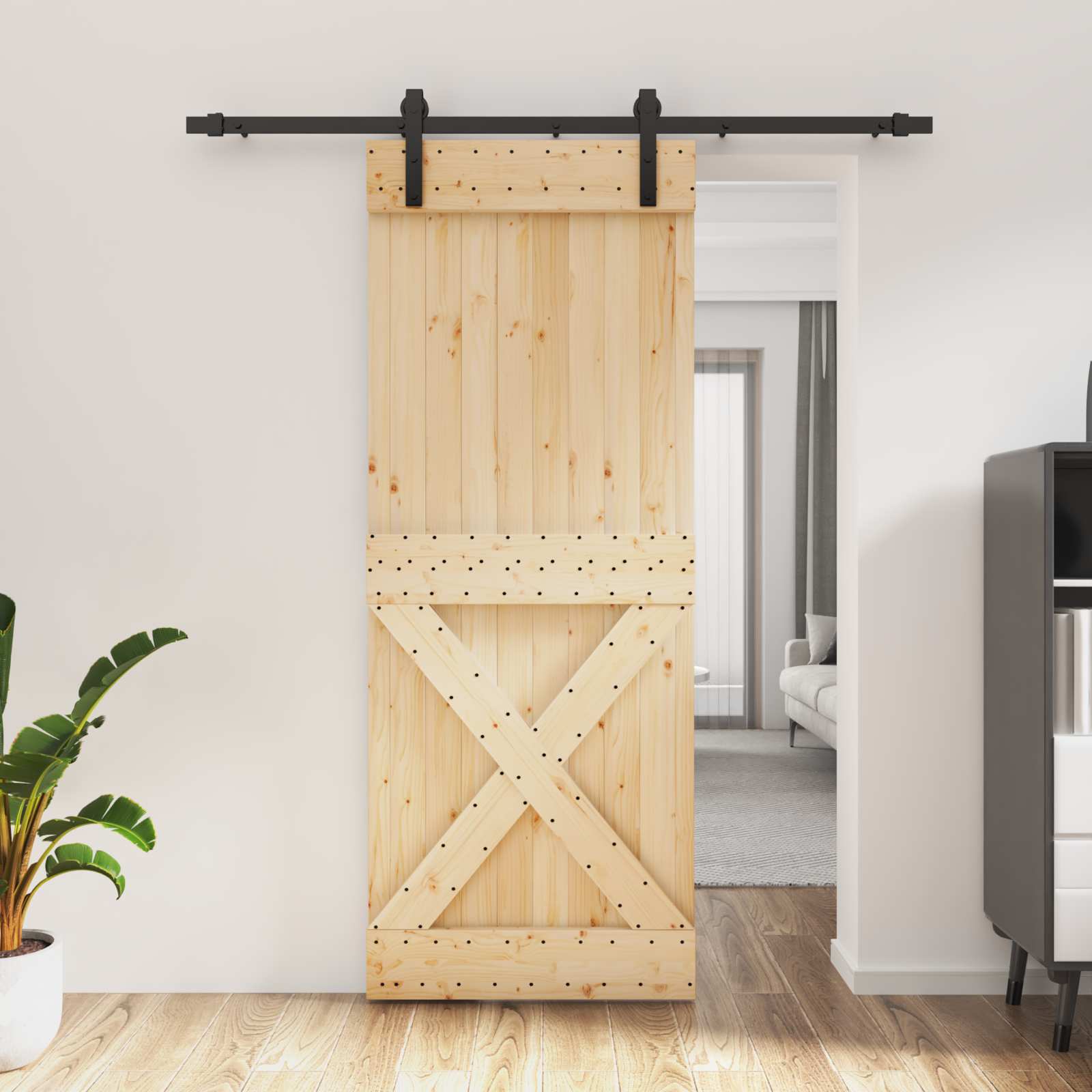 Klizna vrata Prirodna i crna 80 x 210 cm Čvrsta borovina