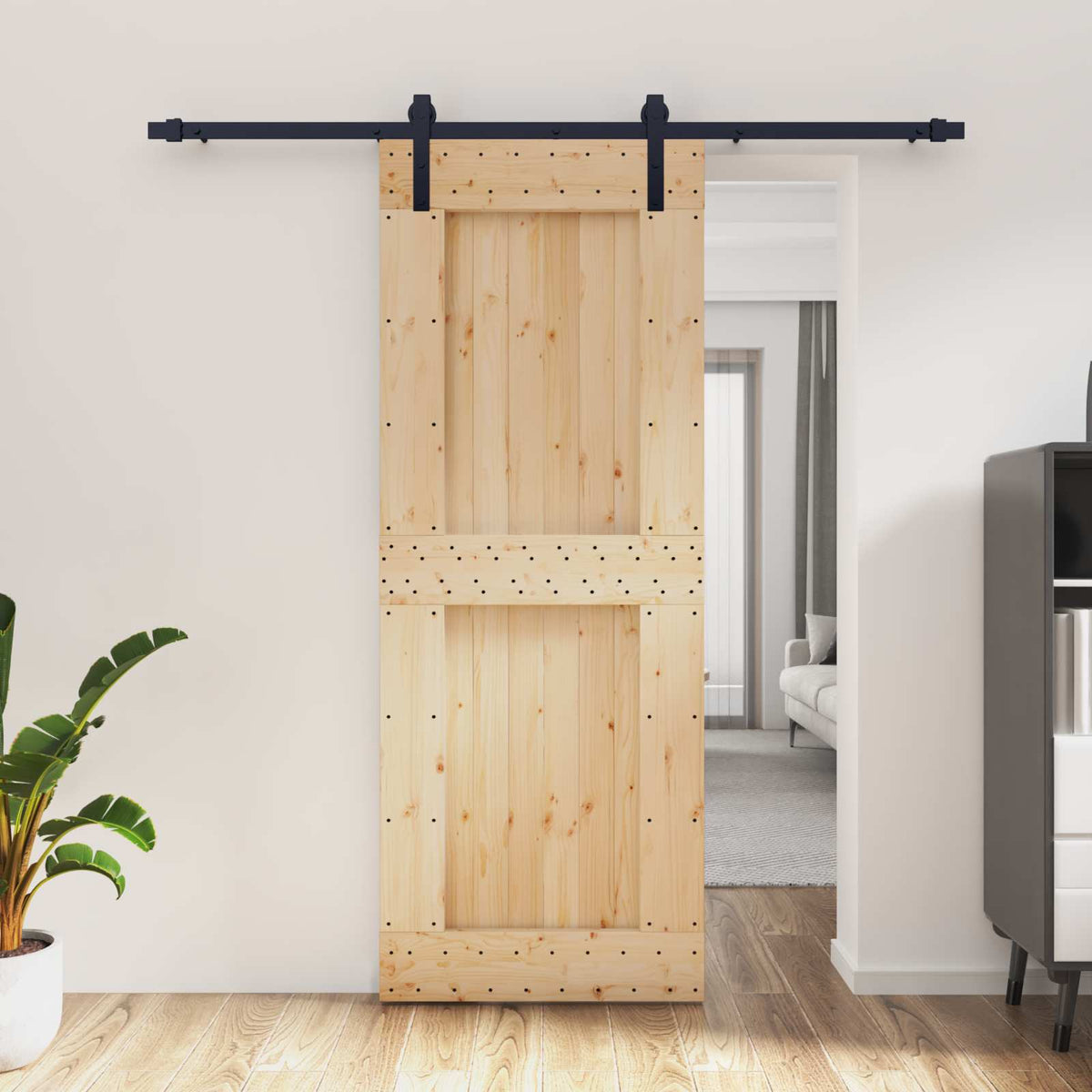 Klizna vrata Prirodna i crna 80 x 210 cm Čvrsta borovina