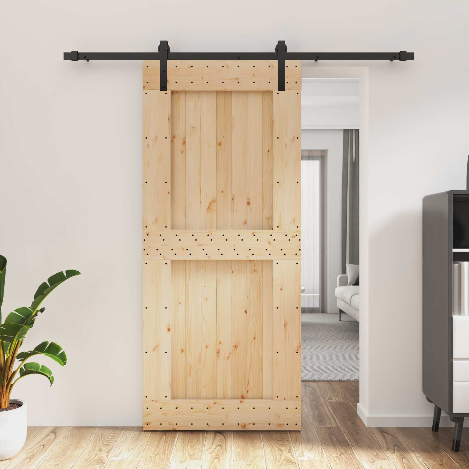 Klizna vrata Prirodna i crna 90 x 210 cm Čvrsta borovina