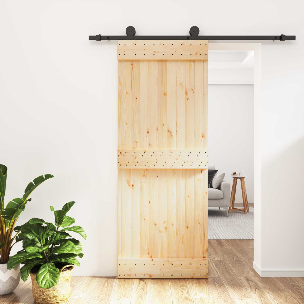 Klizna vrata Prirodna i crna 80 x 210 cm Čvrsta borovina