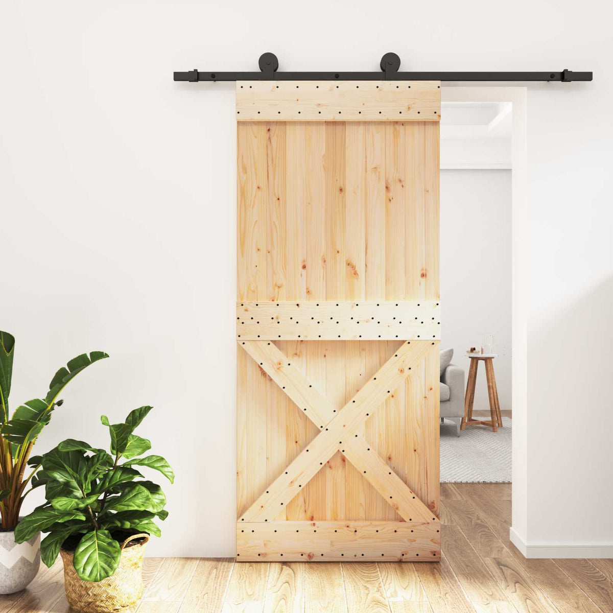 Klizna vrata Prirodna i crna 90 x 210 cm Čvrsta borovina