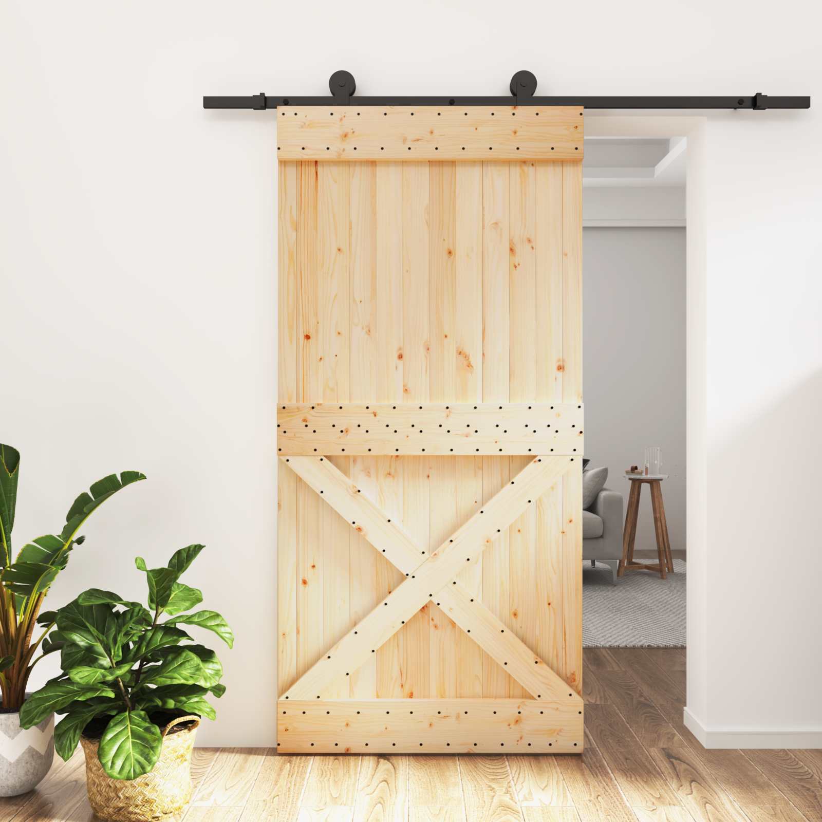 Klizna vrata Prirodna i crna 100 x 210 cm Čvrsta borovina
