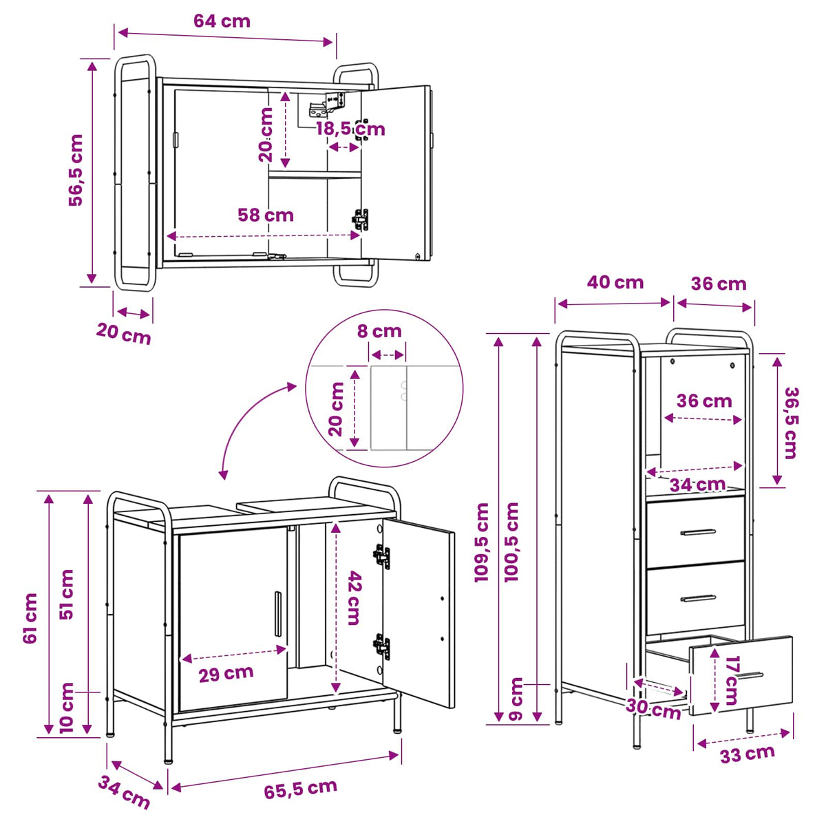 Set ormarića za kupaonicu 3 kom. Crni hrast 40 x 36 x 109,5 cm