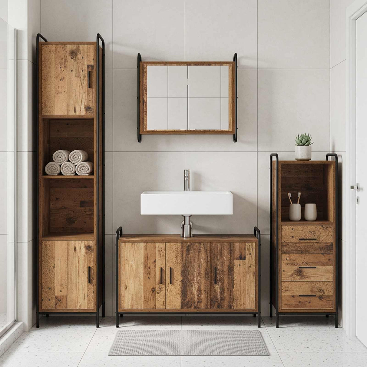 Set ormarića za kupaonicu 4 kom. Staro drvo 40 x 36 x 181 cm