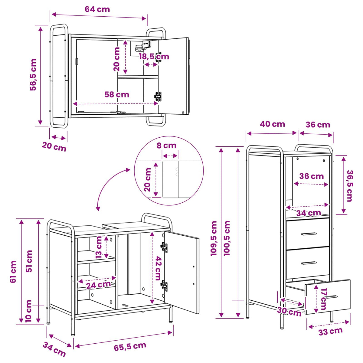 Set ormarića za kupaonicu 3 kom. Crni hrast 40 x 36 x 109,5 cm