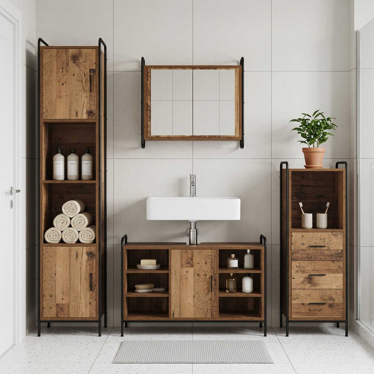 Set ormarića za kupaonicu 4 kom. Staro drvo 40 x 36 x 181 cm
